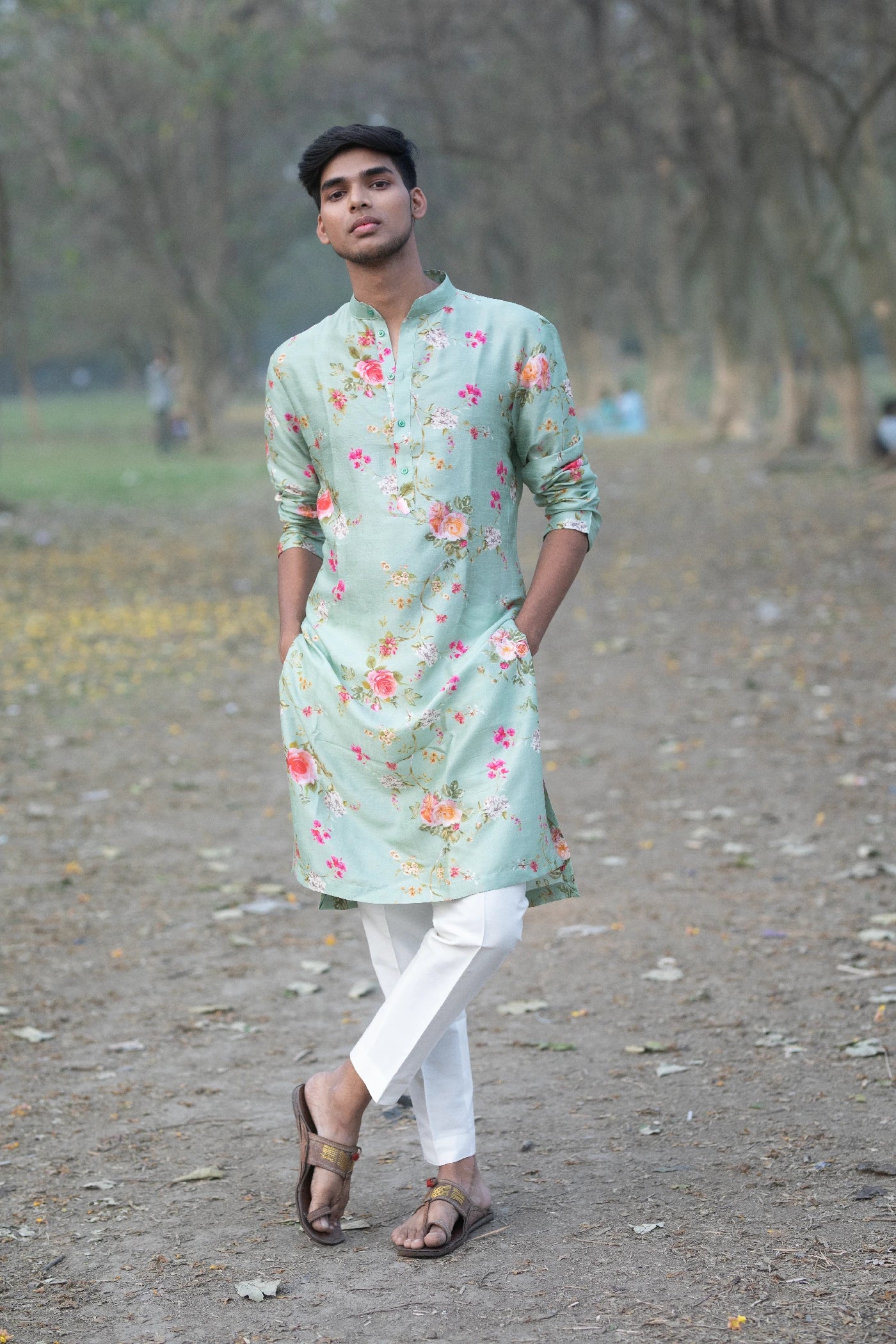 Teal Silk Floral Printed Kurta Set
