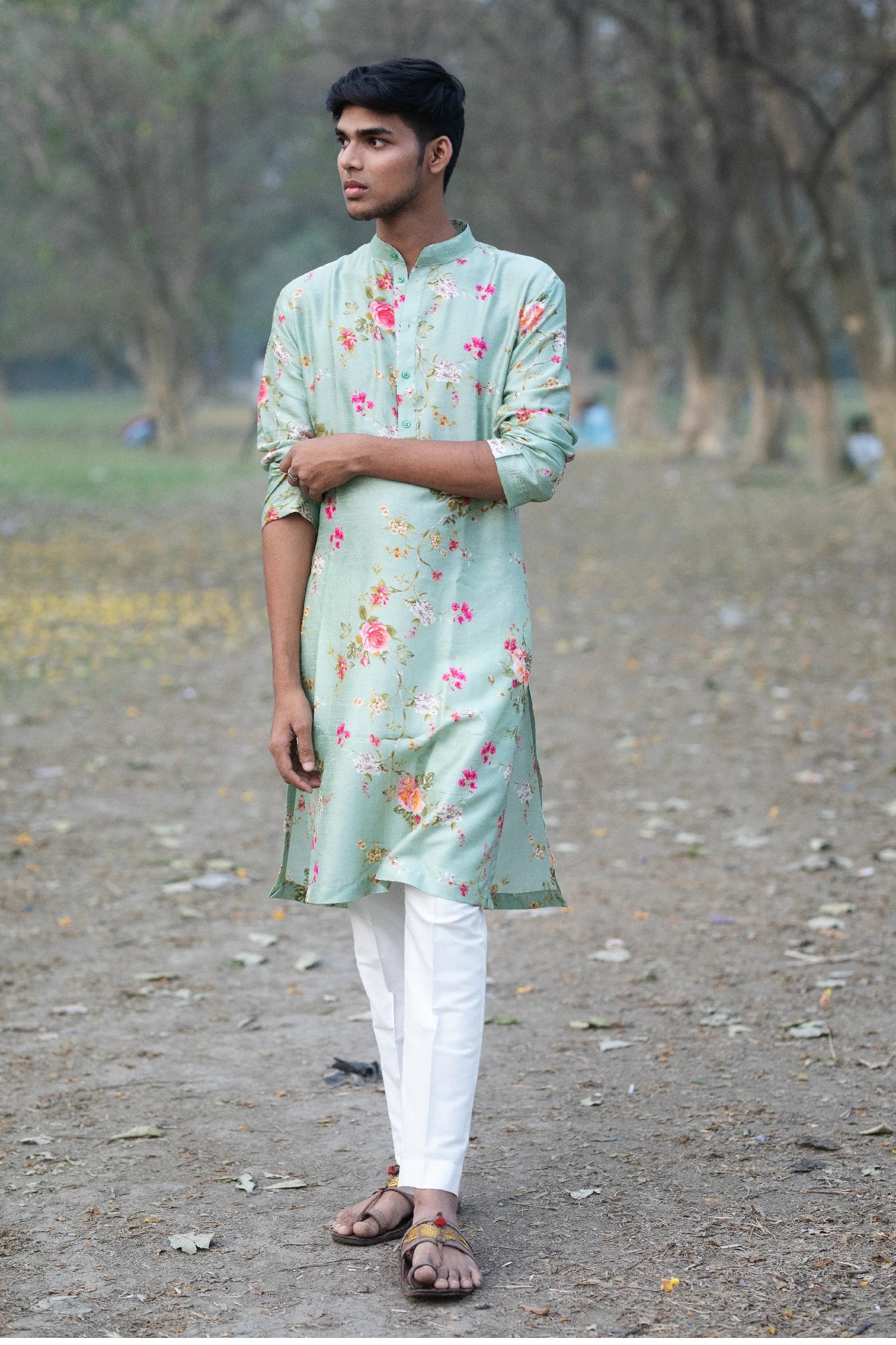 Teal Silk Floral Printed Kurta Set