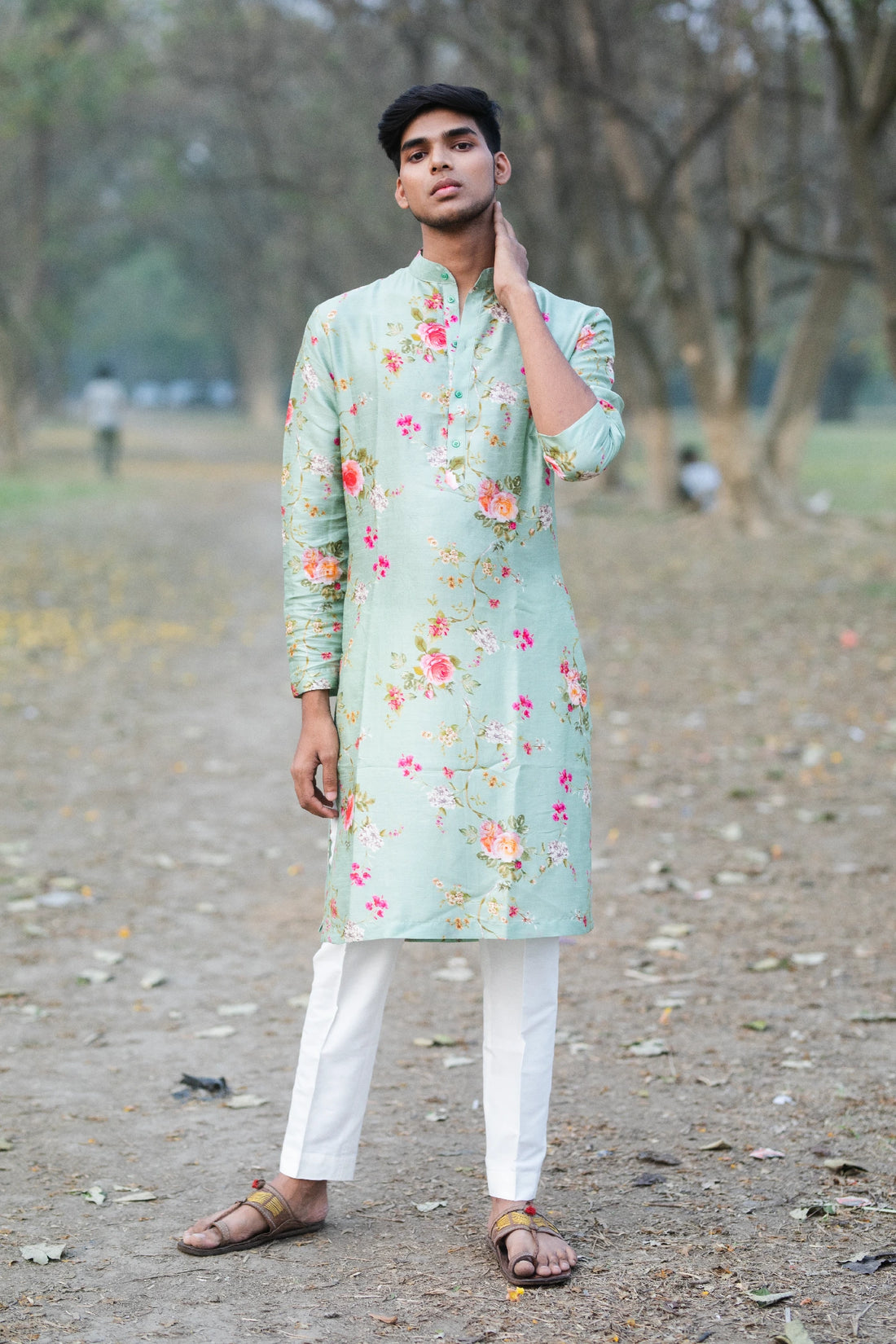 Teal Silk Floral Printed Kurta with Off-white Pant