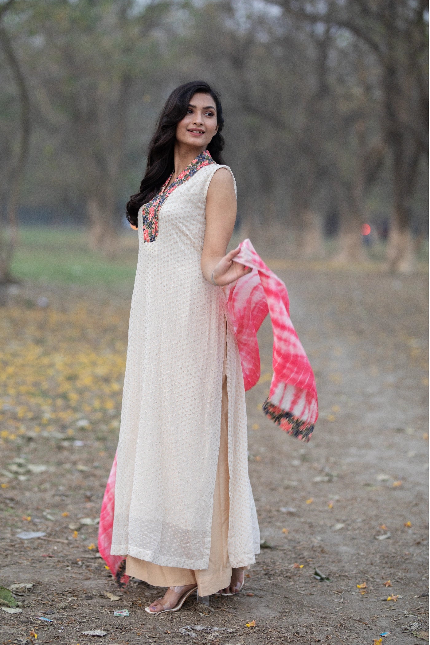 Beige & Sesame Tie-Dye Kurti Set with Aari Handwork