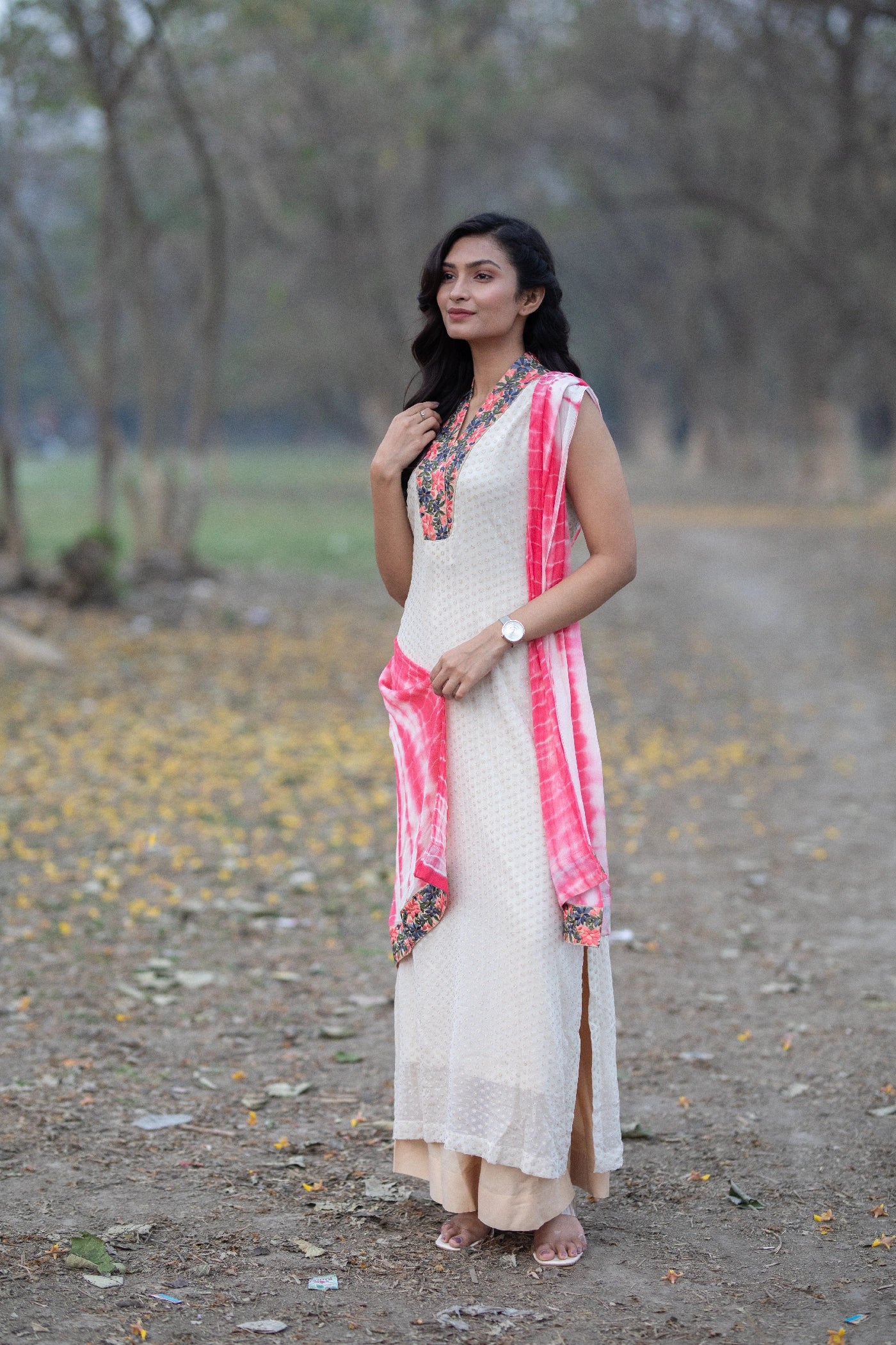 Beige & Sesame Tie-Dye Kurti Set with Aari Handwork