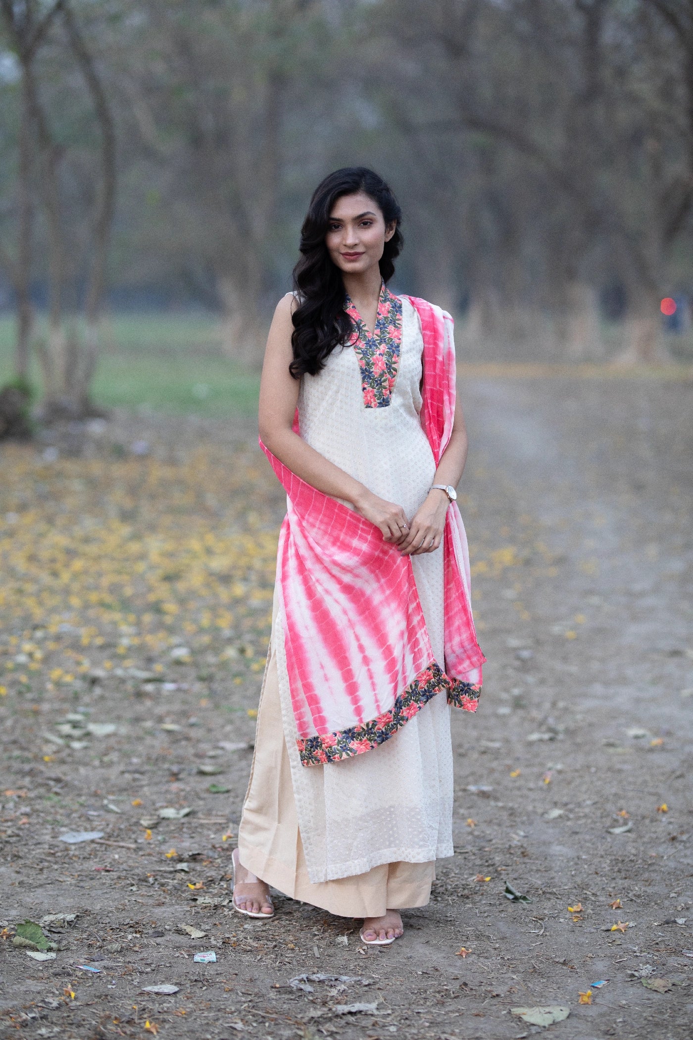 Beige & Sesame Tie-Dye Kurti Set with Aari Handwork