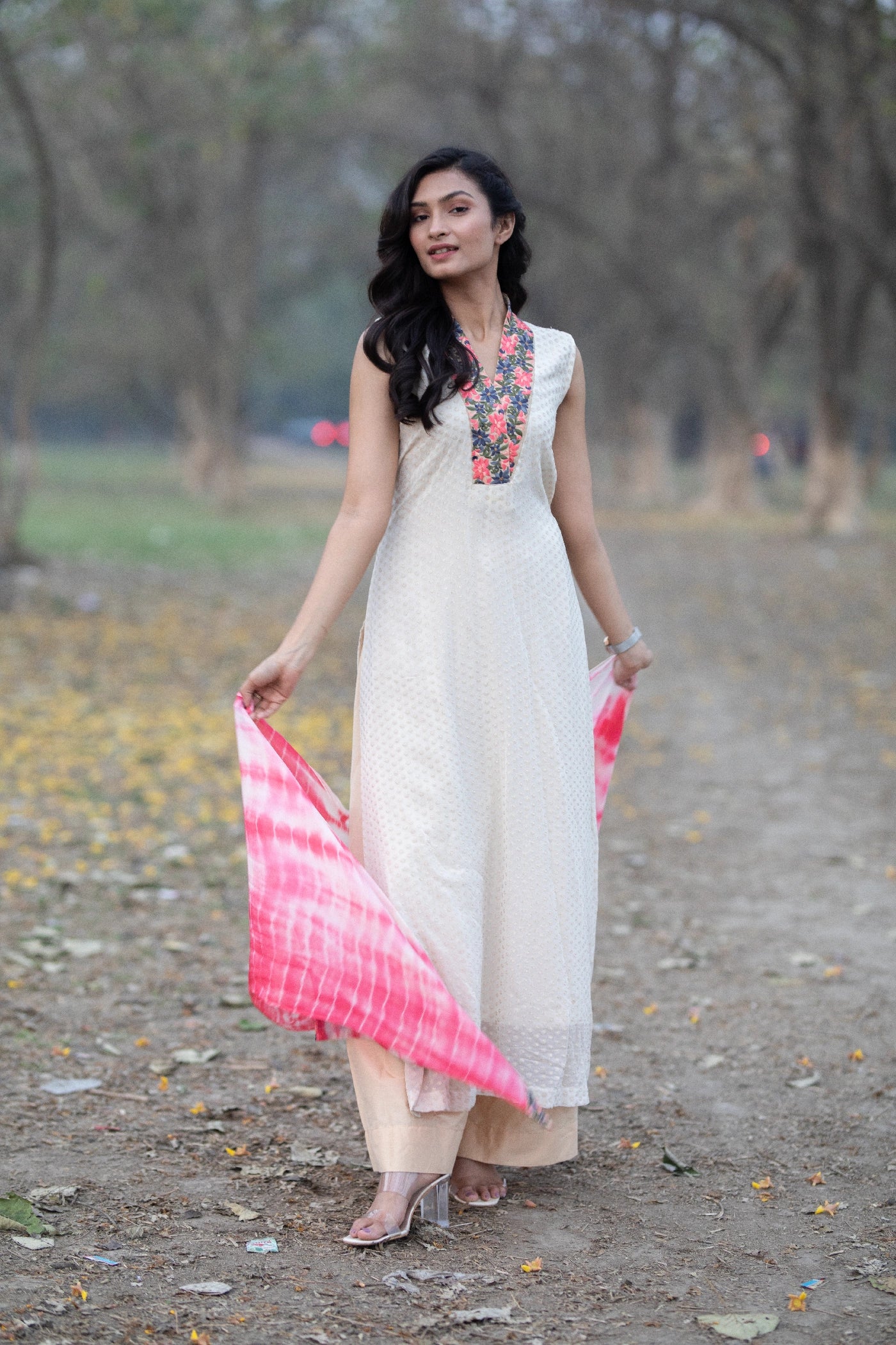 Beige & Sesame Tie-Dye Kurti Set with Aari Handwork