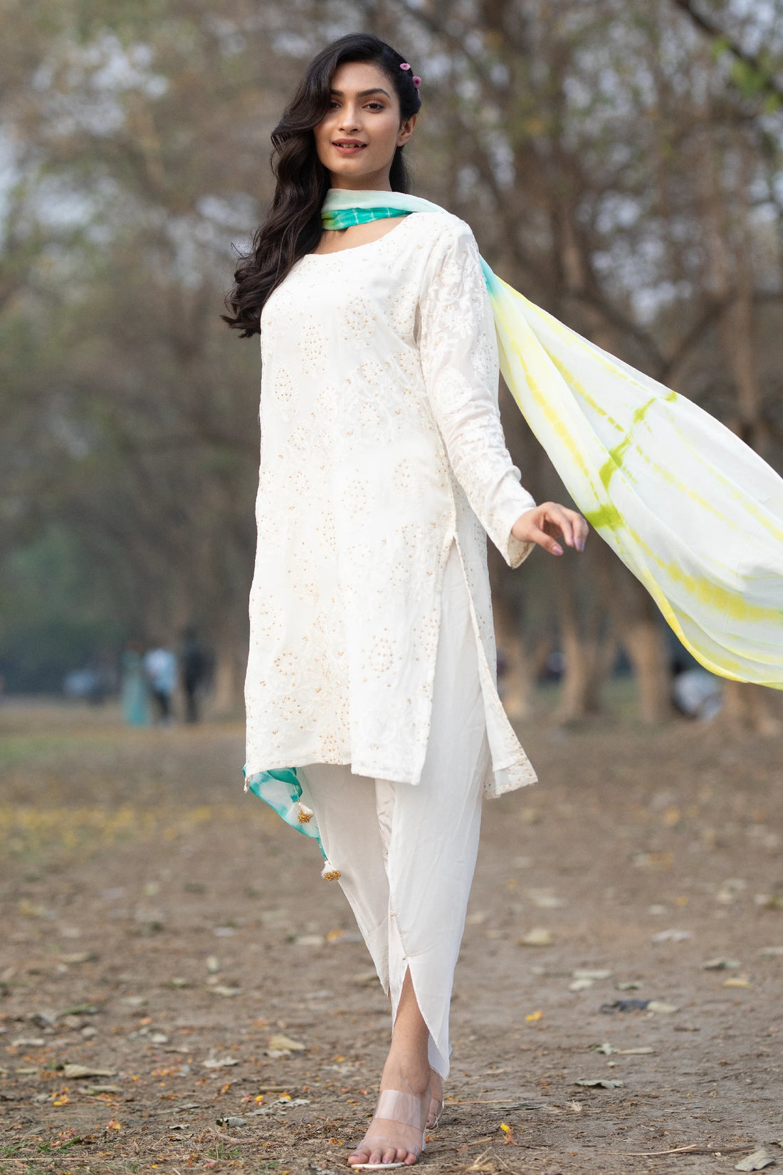 White Tie-dye Kurti Set with Chikankari Embroidery Work