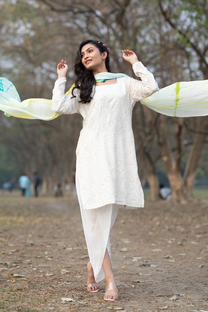 White Tie-dye Kurti Set with Chikankari Embroidery Work