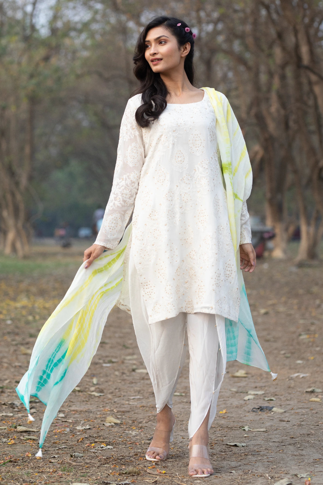 White Tie-dye Kurti Set with Chikankari Embroidery Work