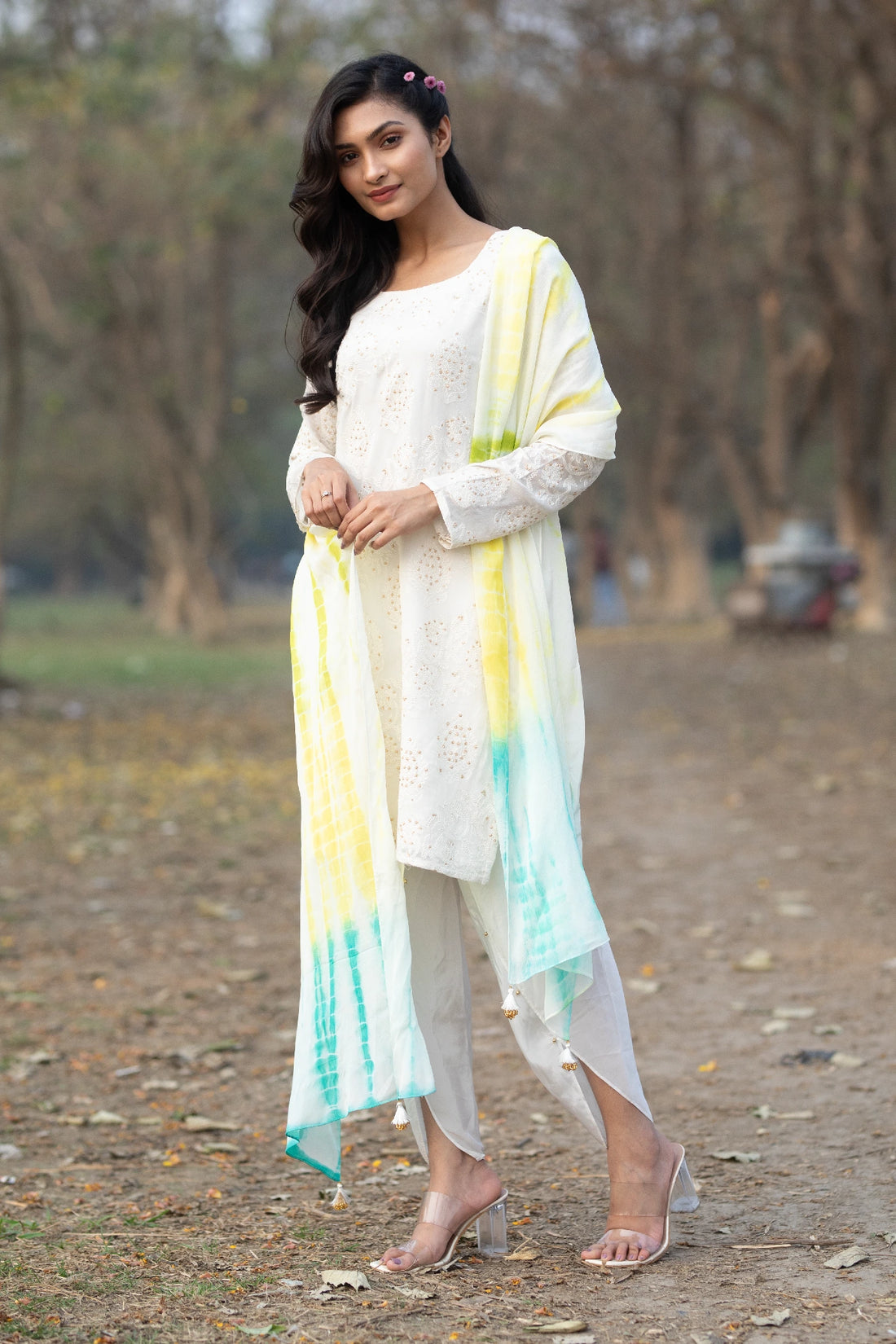 White Tie-dye Kurti Set with Chikankari Embroidery Work