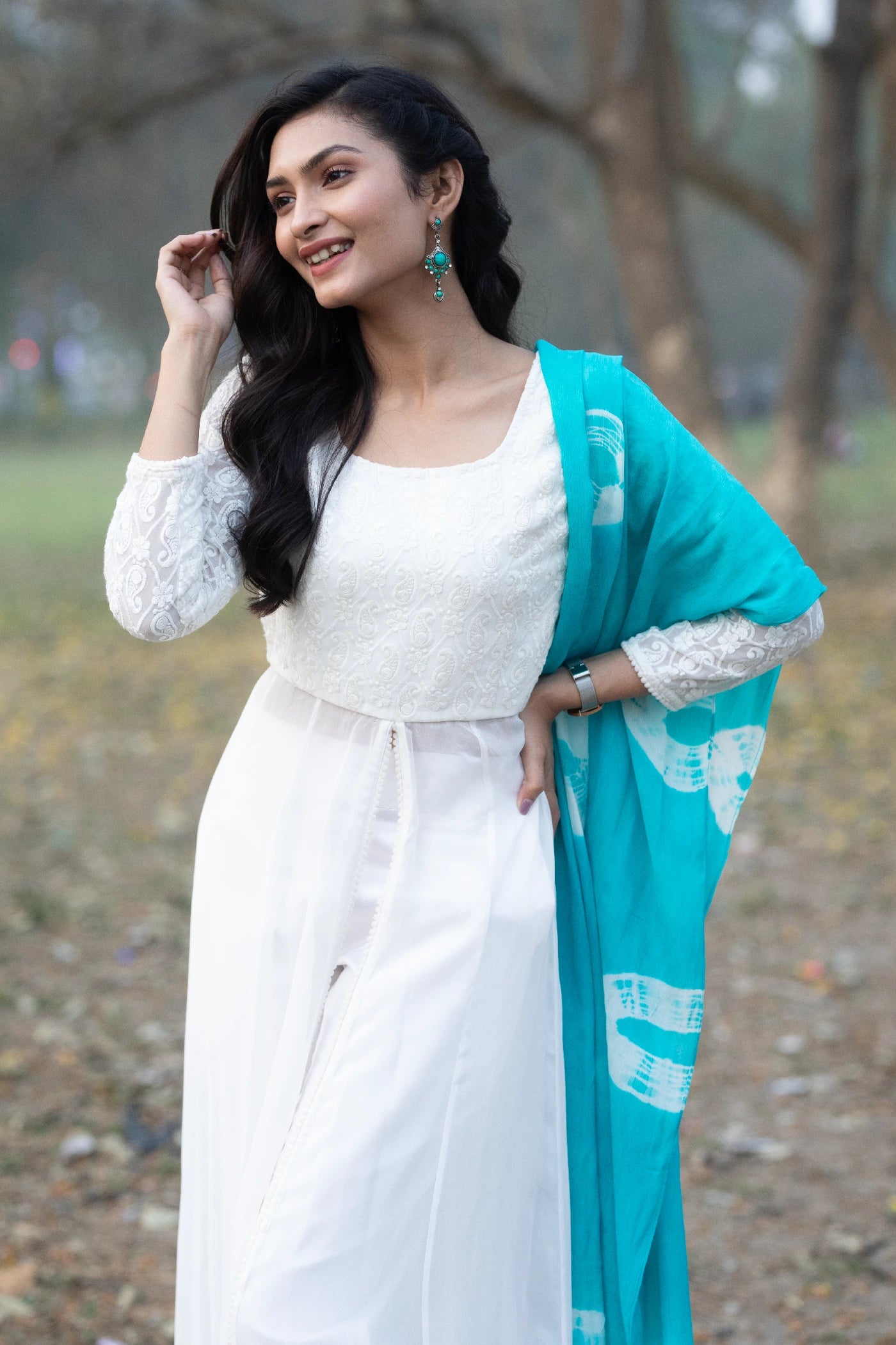 White viscose Gown with Pant and Chinnon Dupatta set