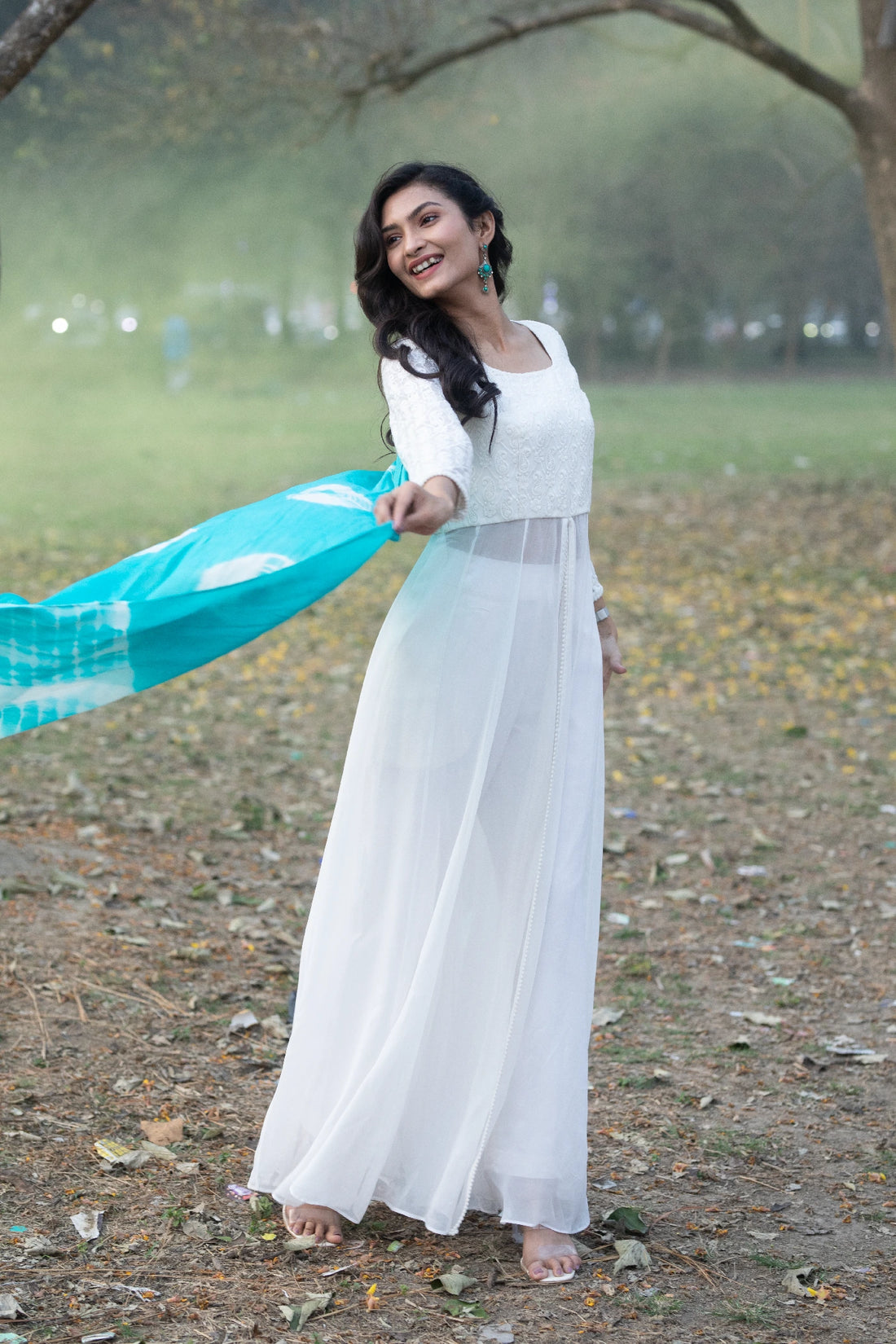 White Tie-dye Gown with Dupatta