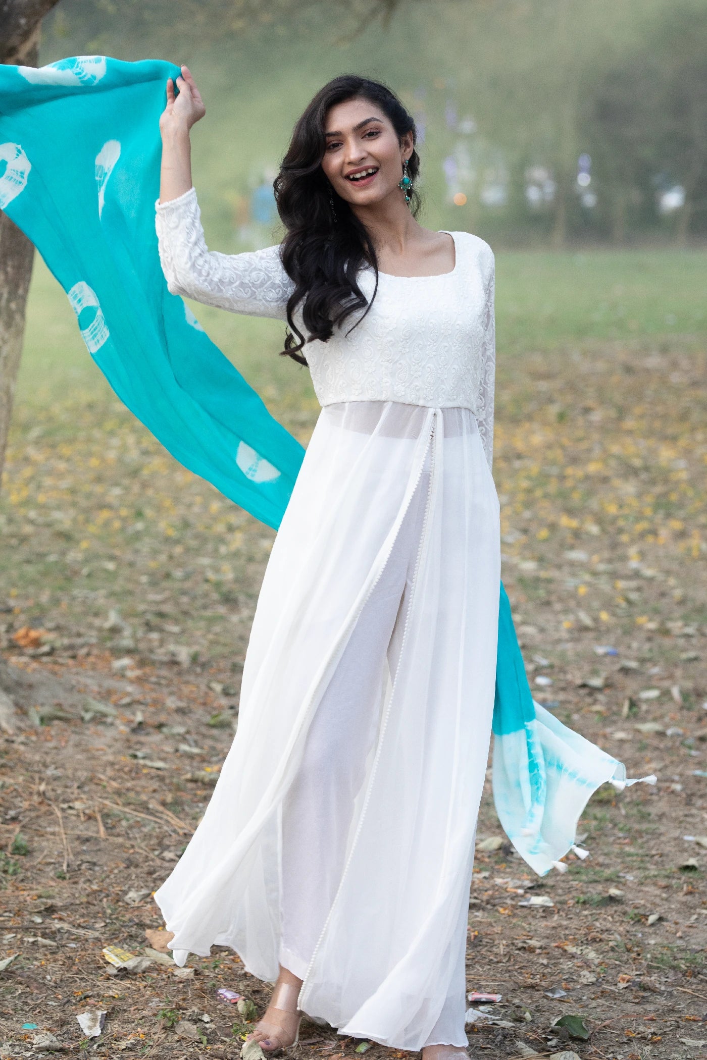 White viscose Gown with Pant and Chinnon Dupatta set