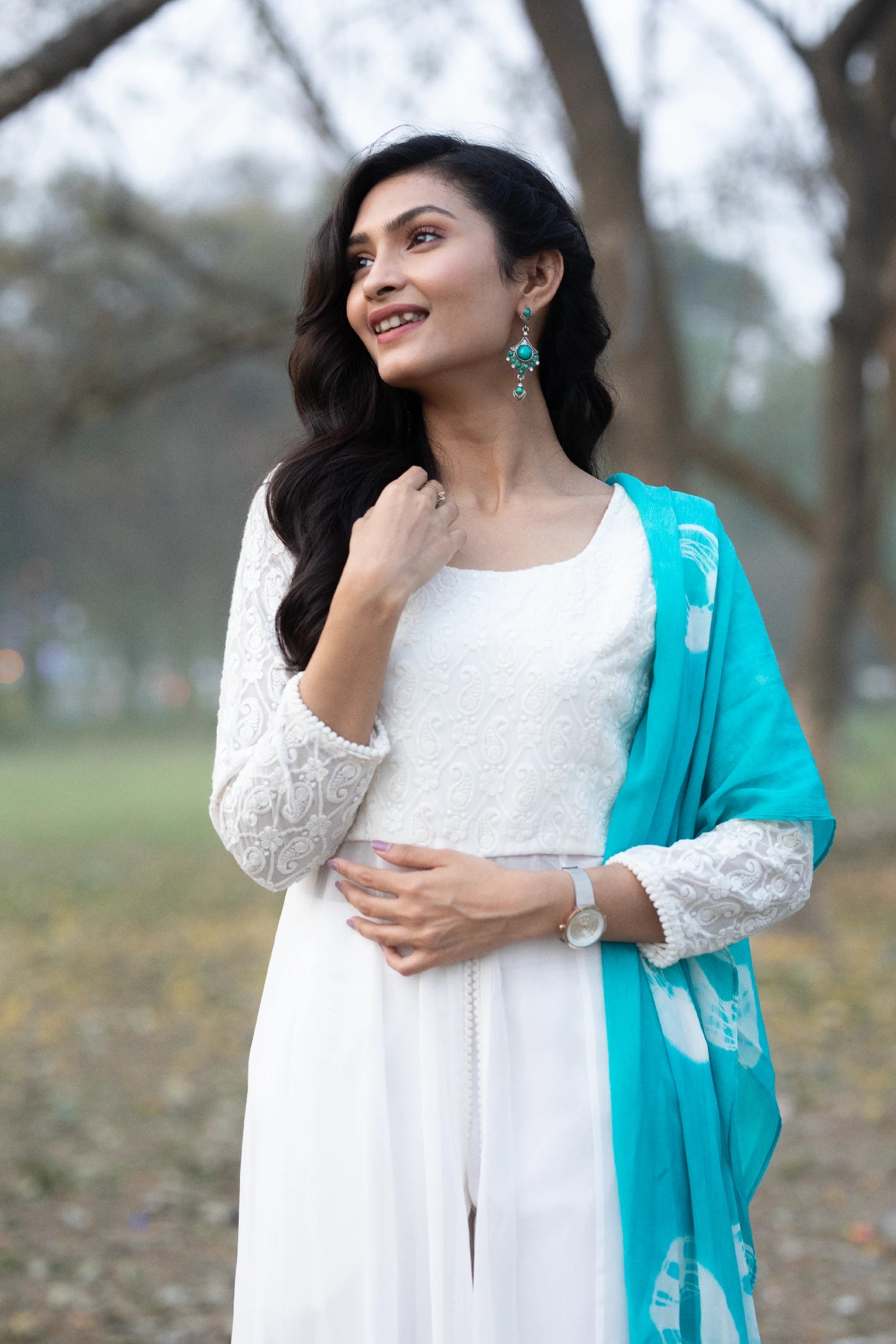 White viscose Gown with Pant and Chinnon Dupatta set