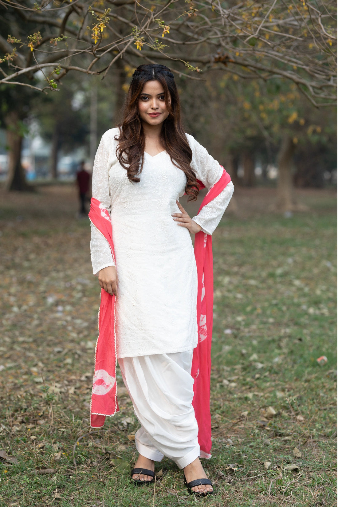 White Tie-dye Kurti with Pant and Dupatta