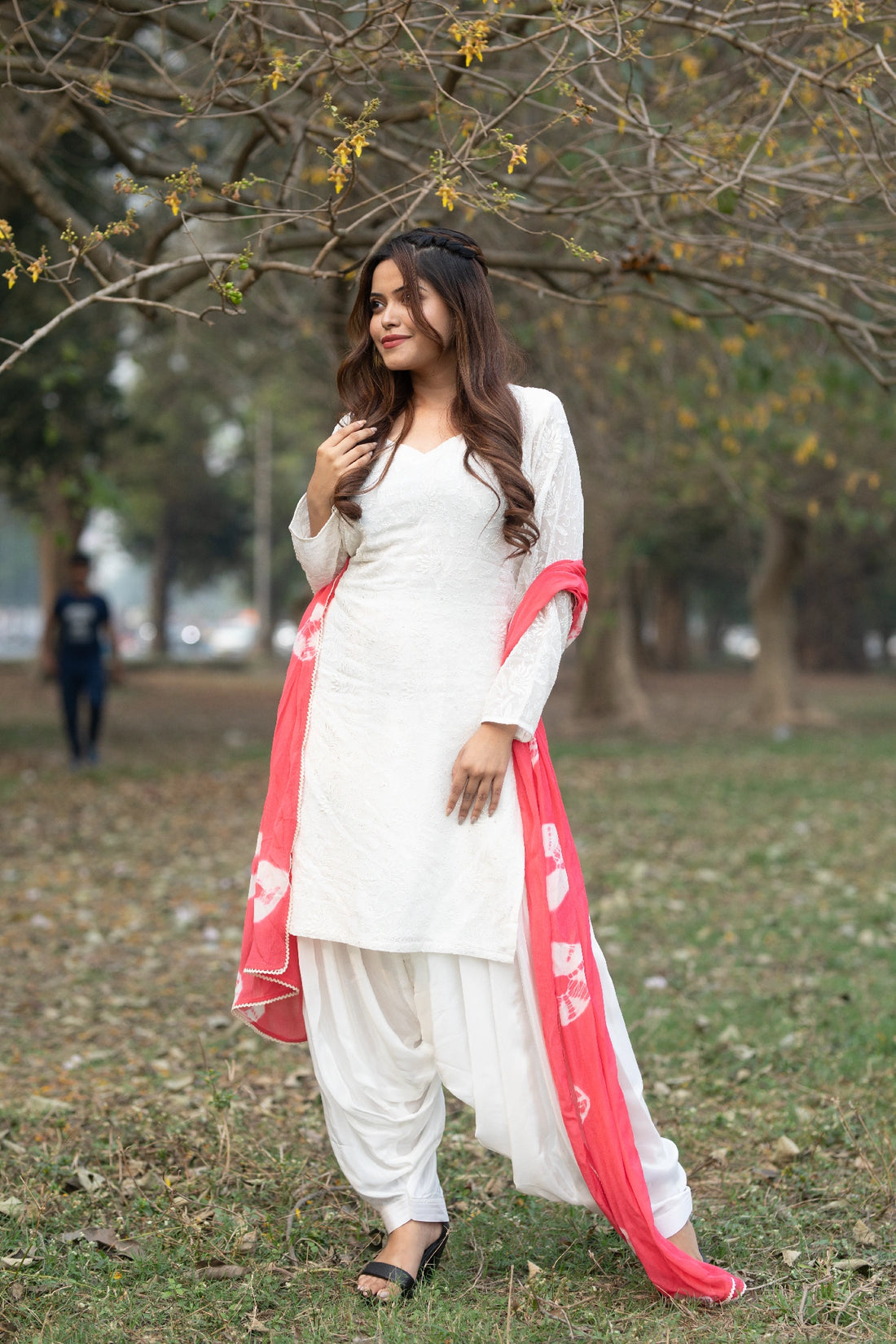 White Tie-dye Kurti with Pant and Dupatta