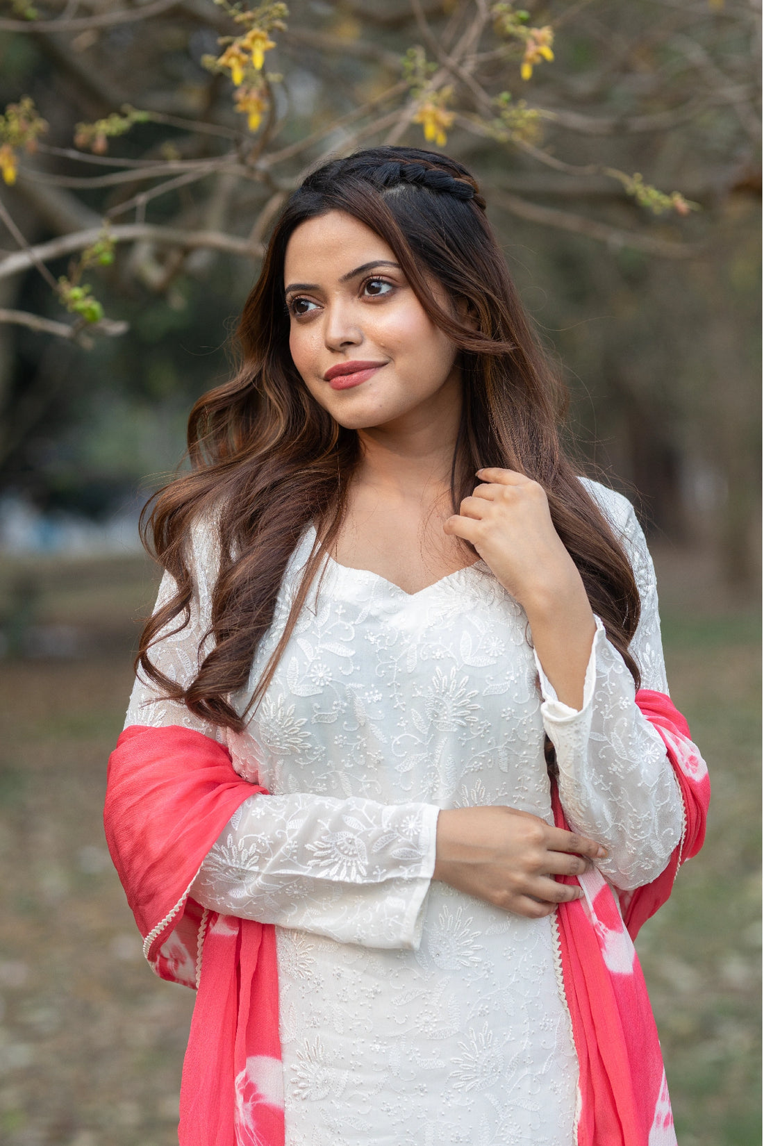 White Tie-dye Kurti with Pant and Dupatta