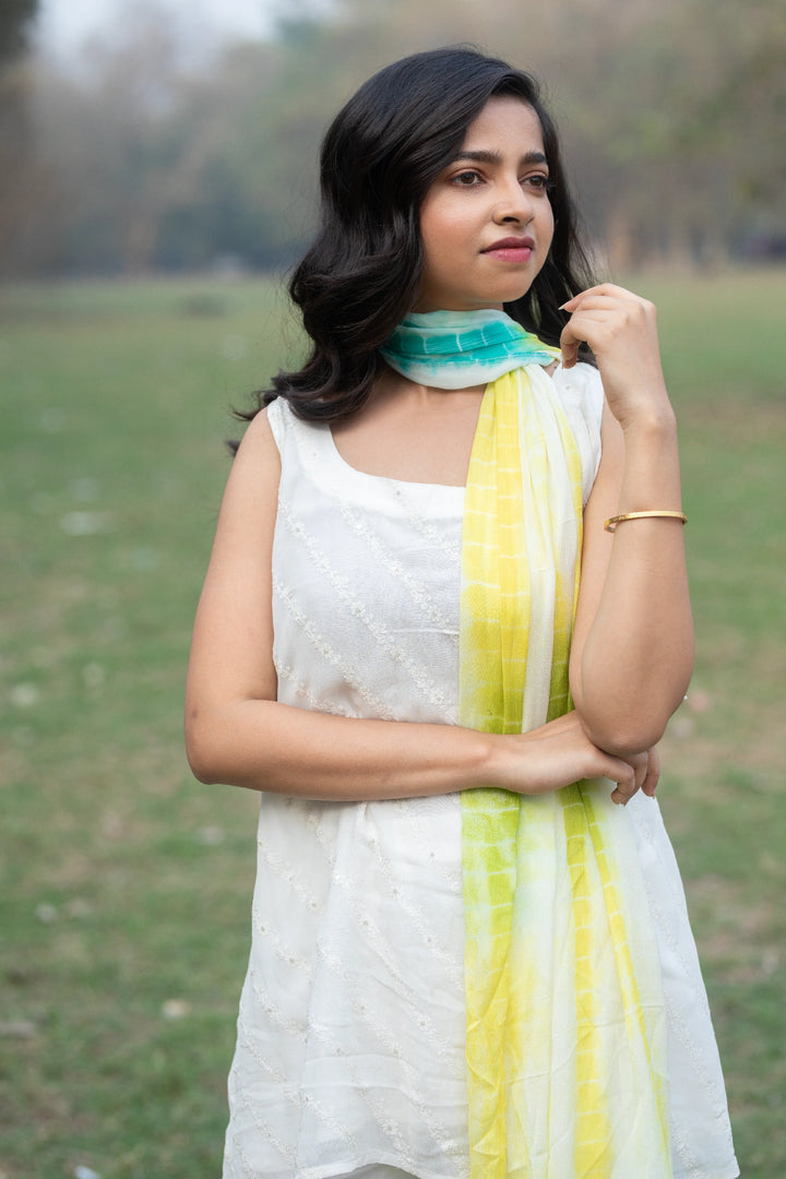 White Tie-Dye with Kurti Pant and Dupatta