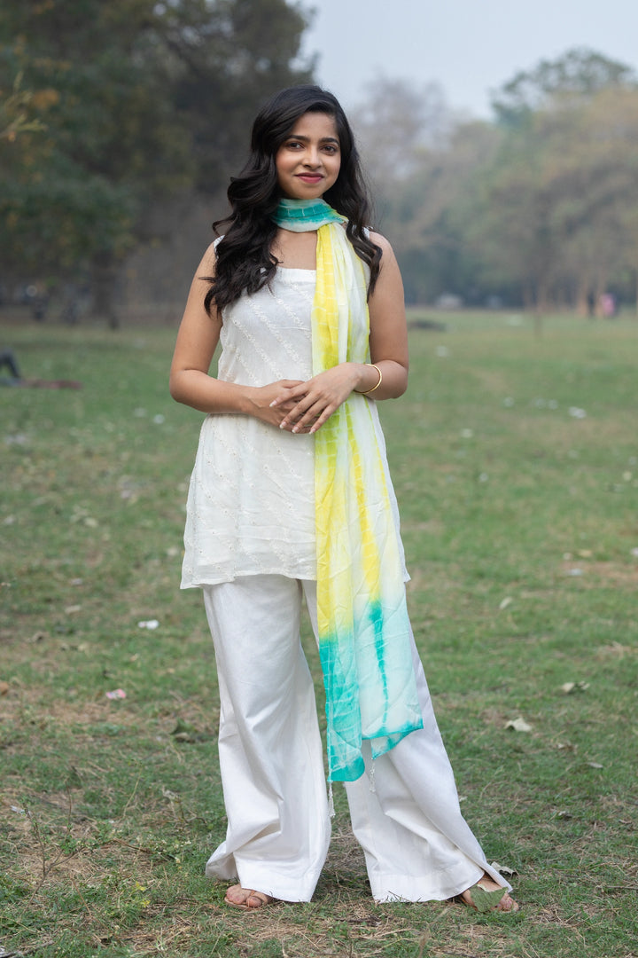 White Tie-Dye with Kurti Pant and Dupatta