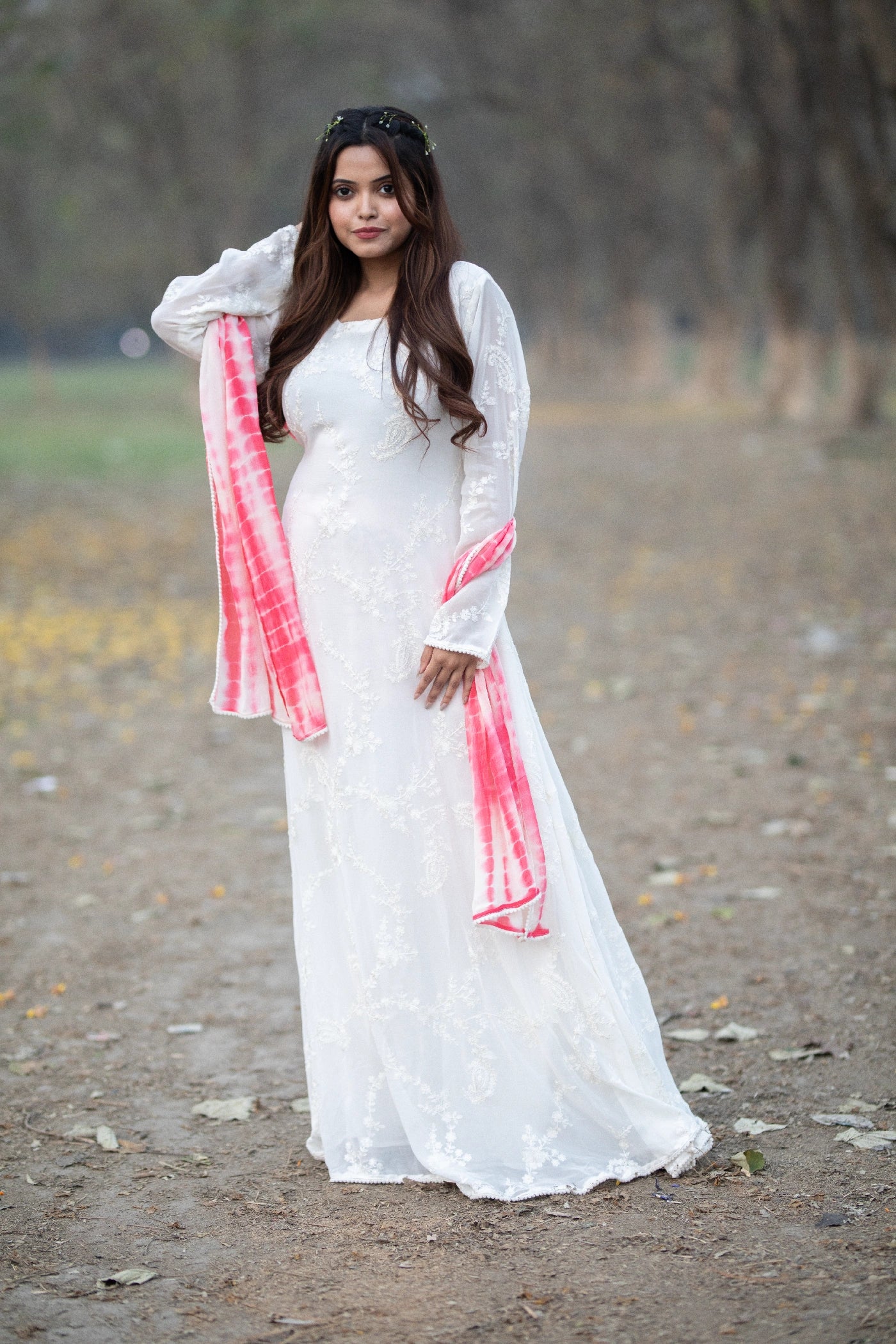 White Tie-Dye Chikan Kari Anarkali Set with Chinnon Dupatta