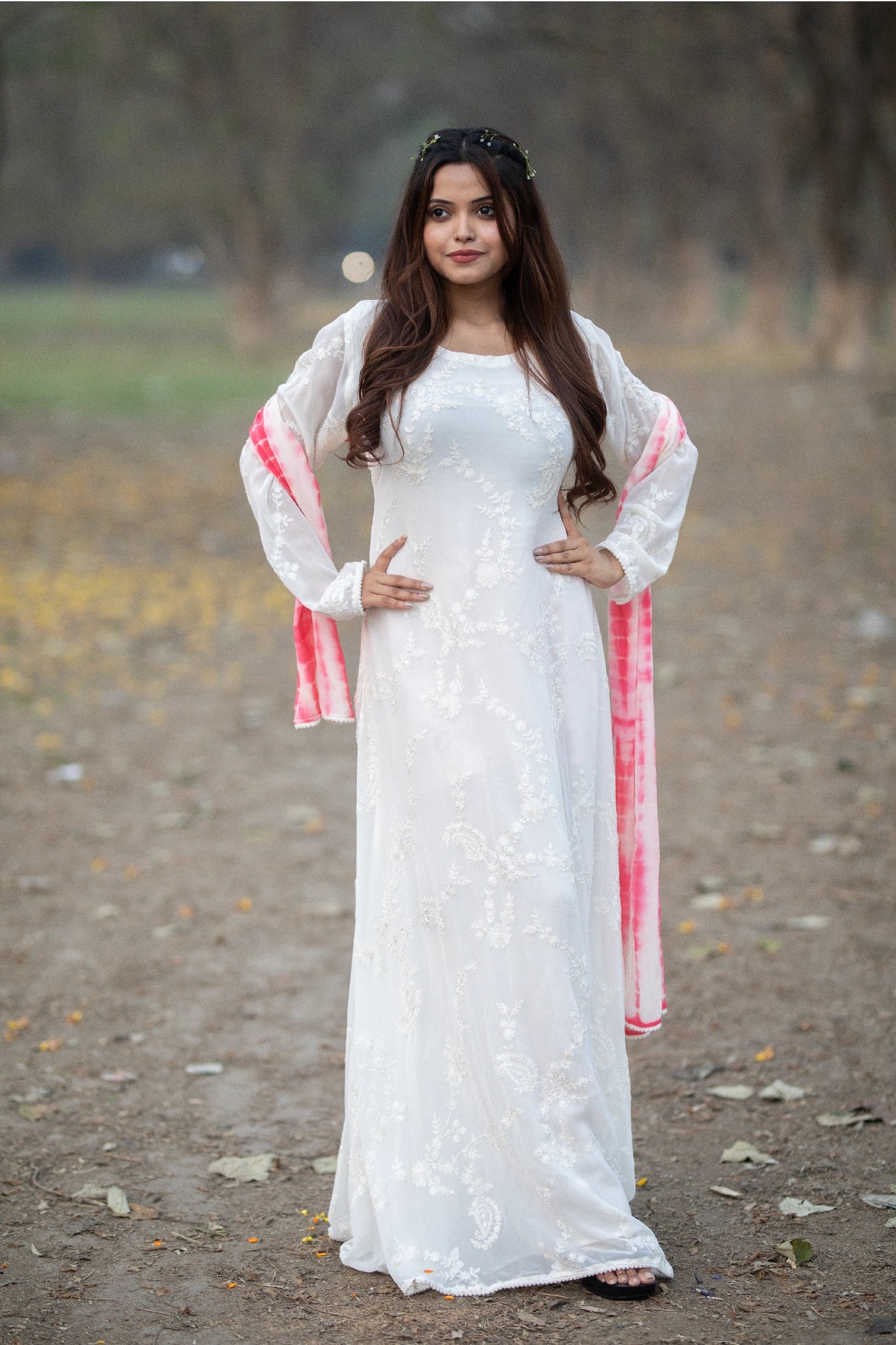 White Tie-Dye Chikan Kari Anarkali Set with Chinnon Dupatta