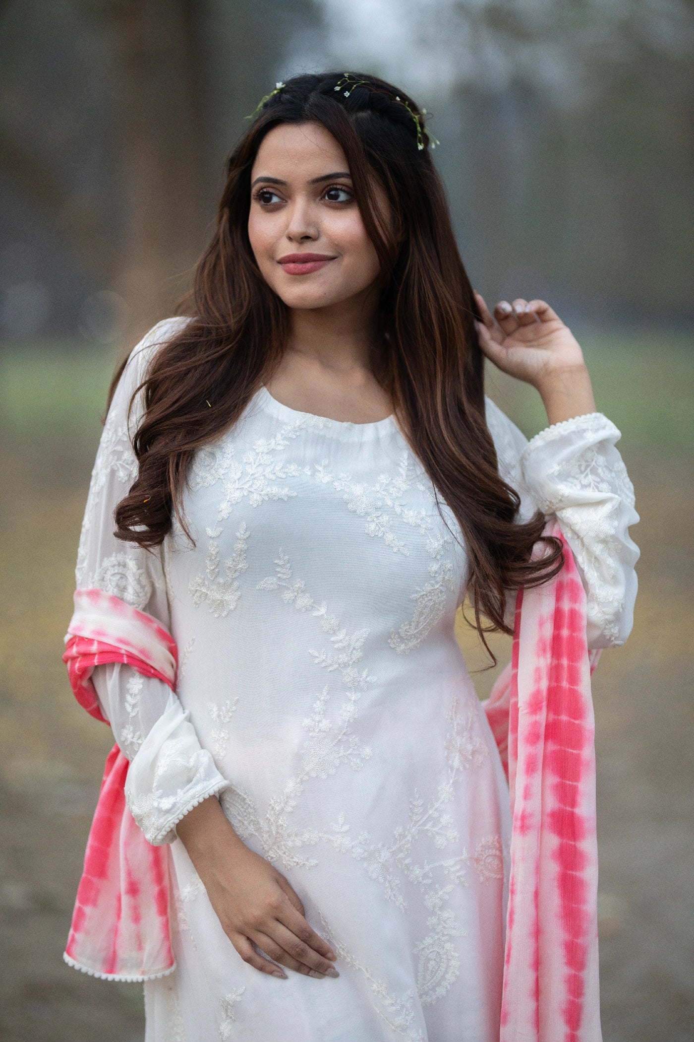 White Tie-Dye Chikan Kari Anarkali Set with Chinnon Dupatta