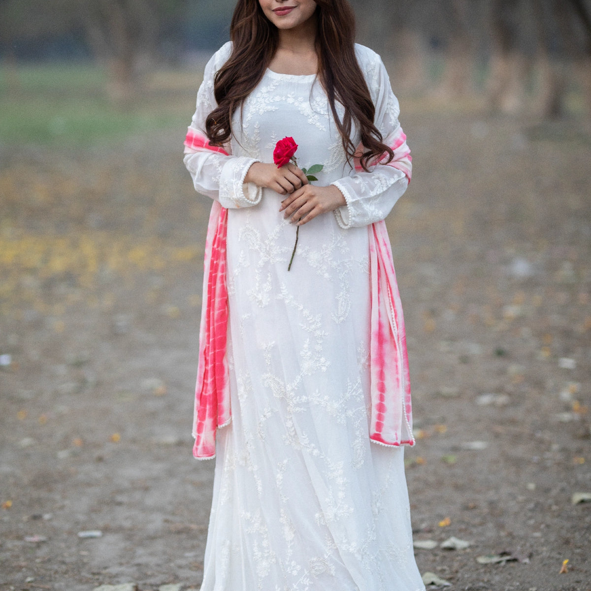 Buy White Tie-Dye Chikan Kari Anarkali Set with Chinnon Dupatta – Affifa
