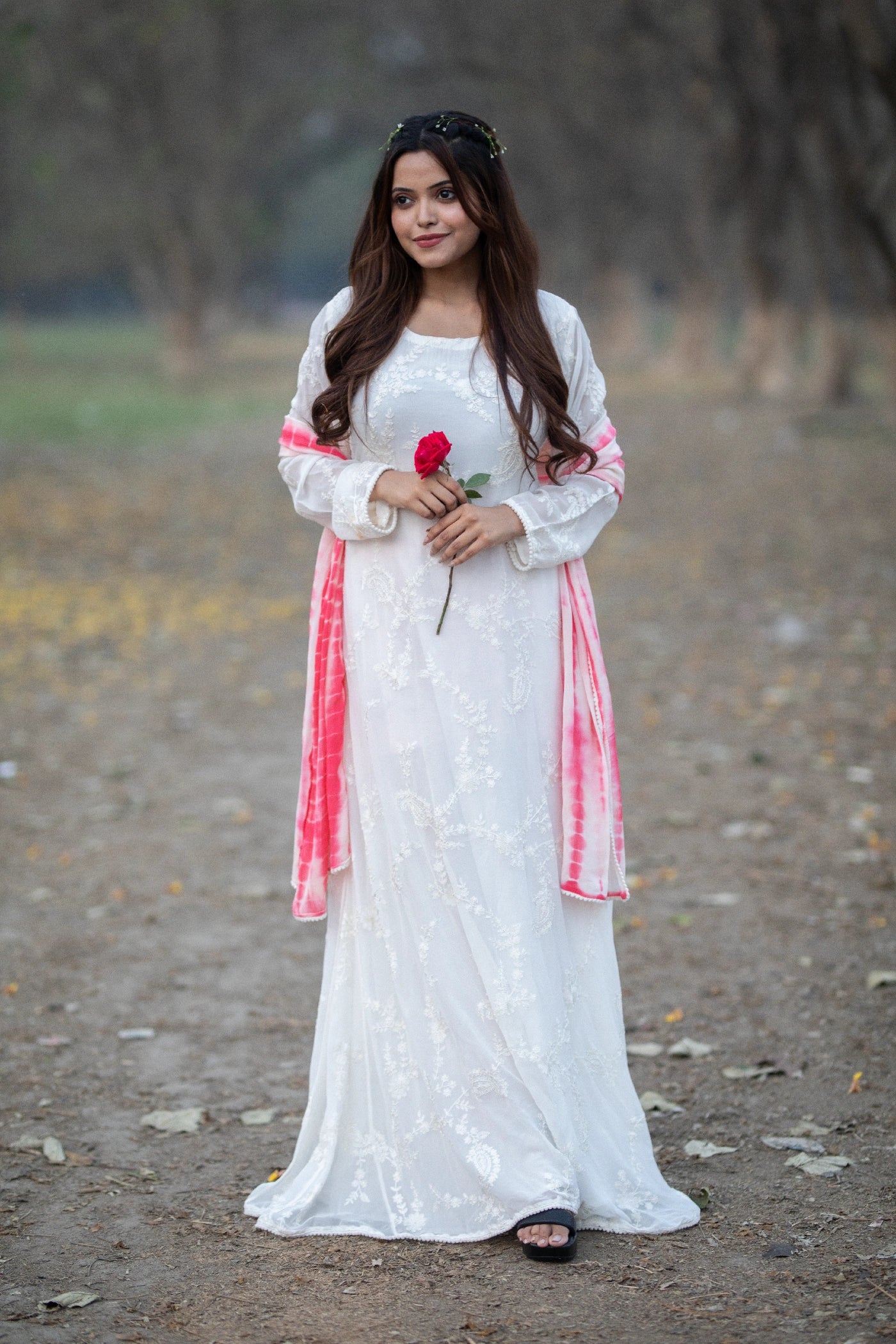 White Tie-Dye Chikan Kari Anarkali Set with Chinnon Dupatta