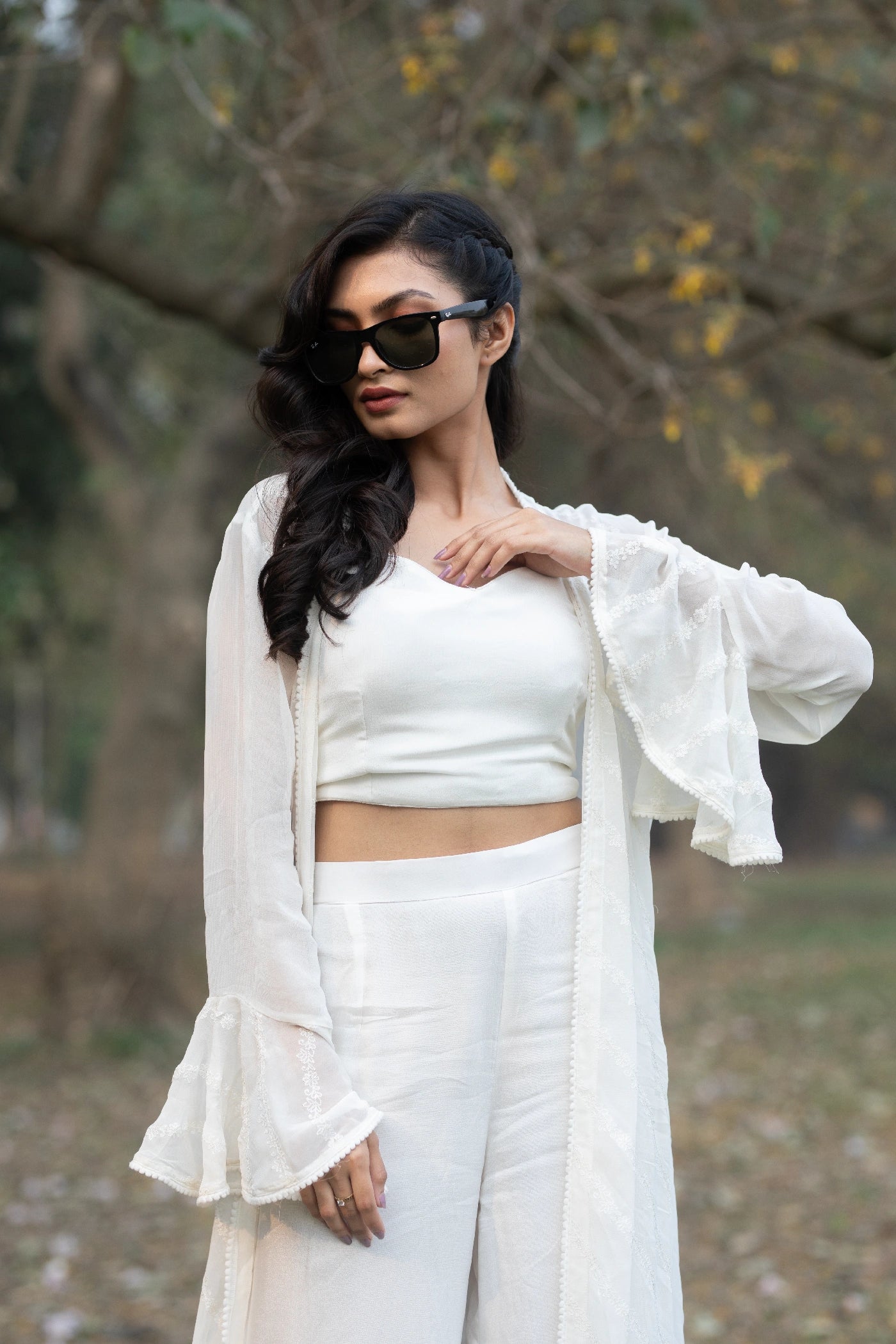 White Hand Embroidered Jacket Set with Palazzo & Bustier