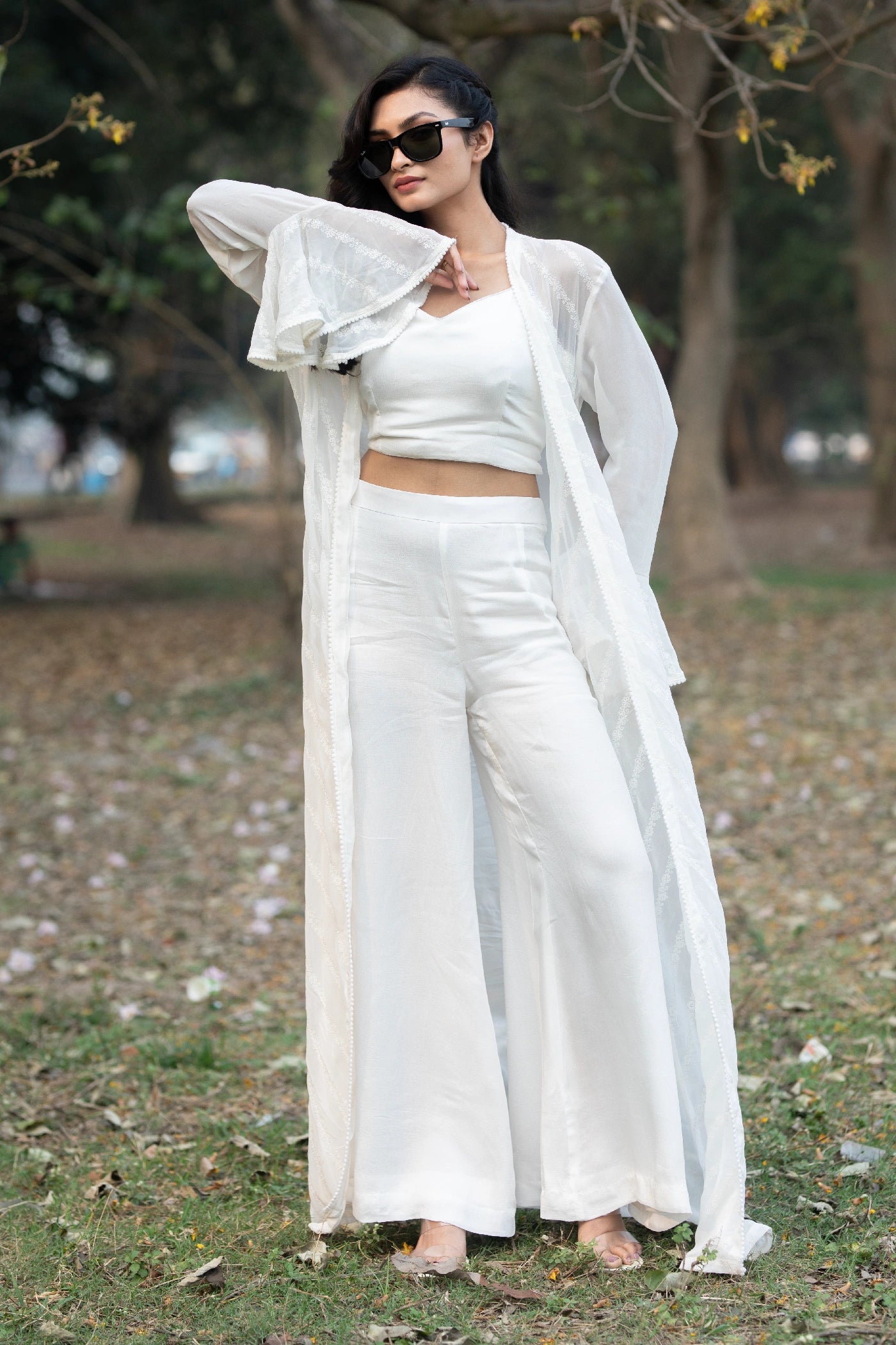 White Hand Embroidered Jacket Set with Palazzo & Bustier