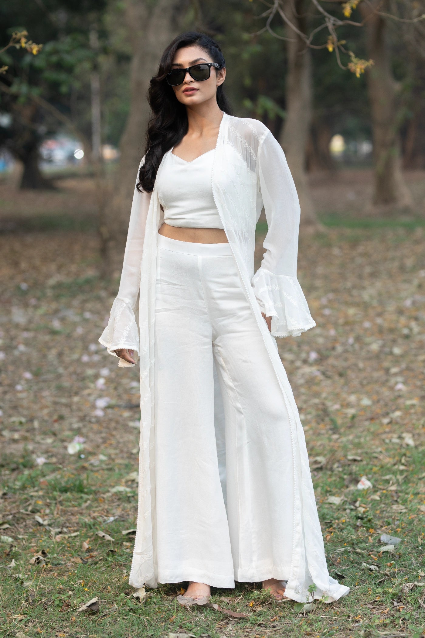 White Hand Embroidered Jacket Set with Palazzo & Bustier