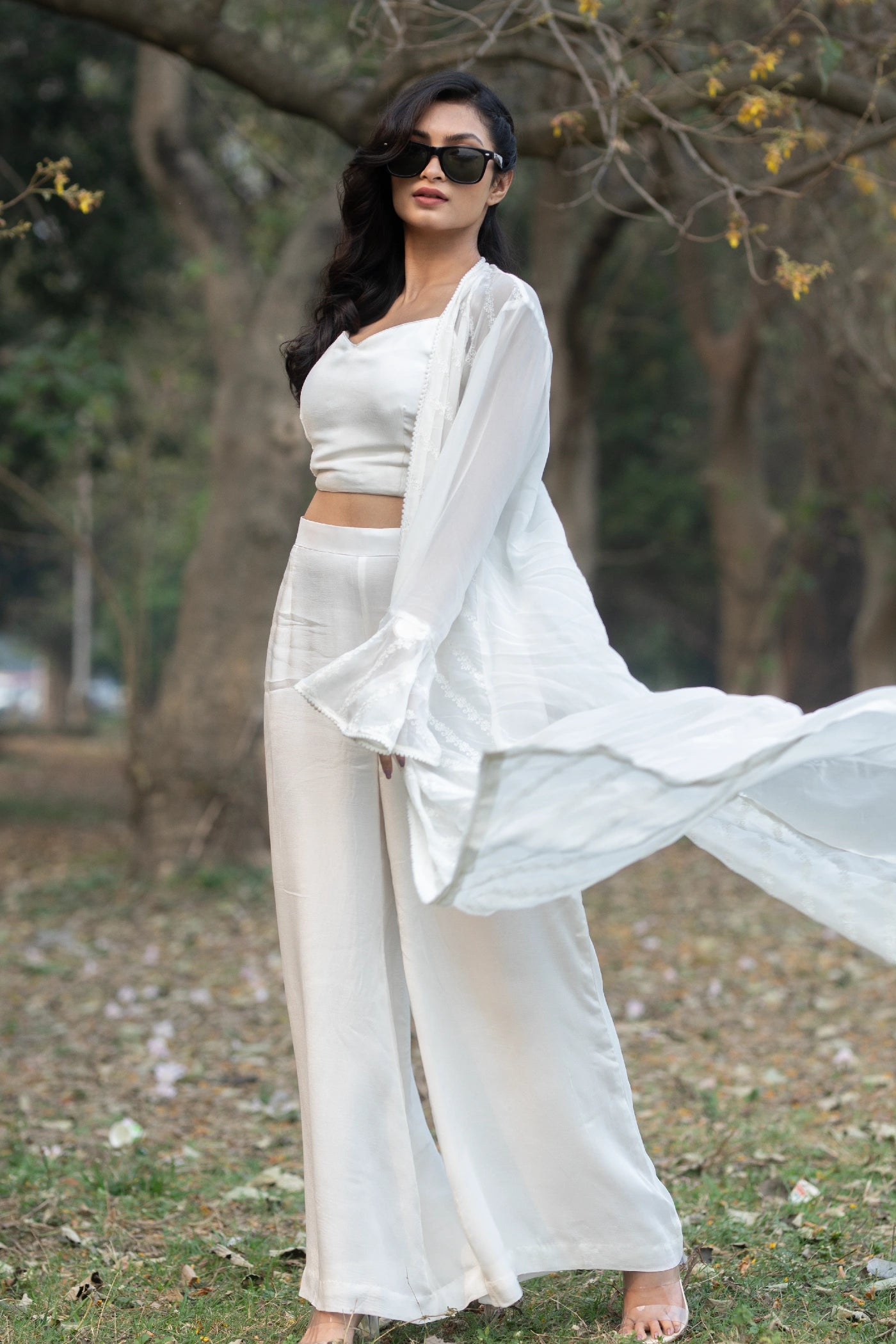 White Hand Embroidered Jacket Set with Palazzo & Bustier