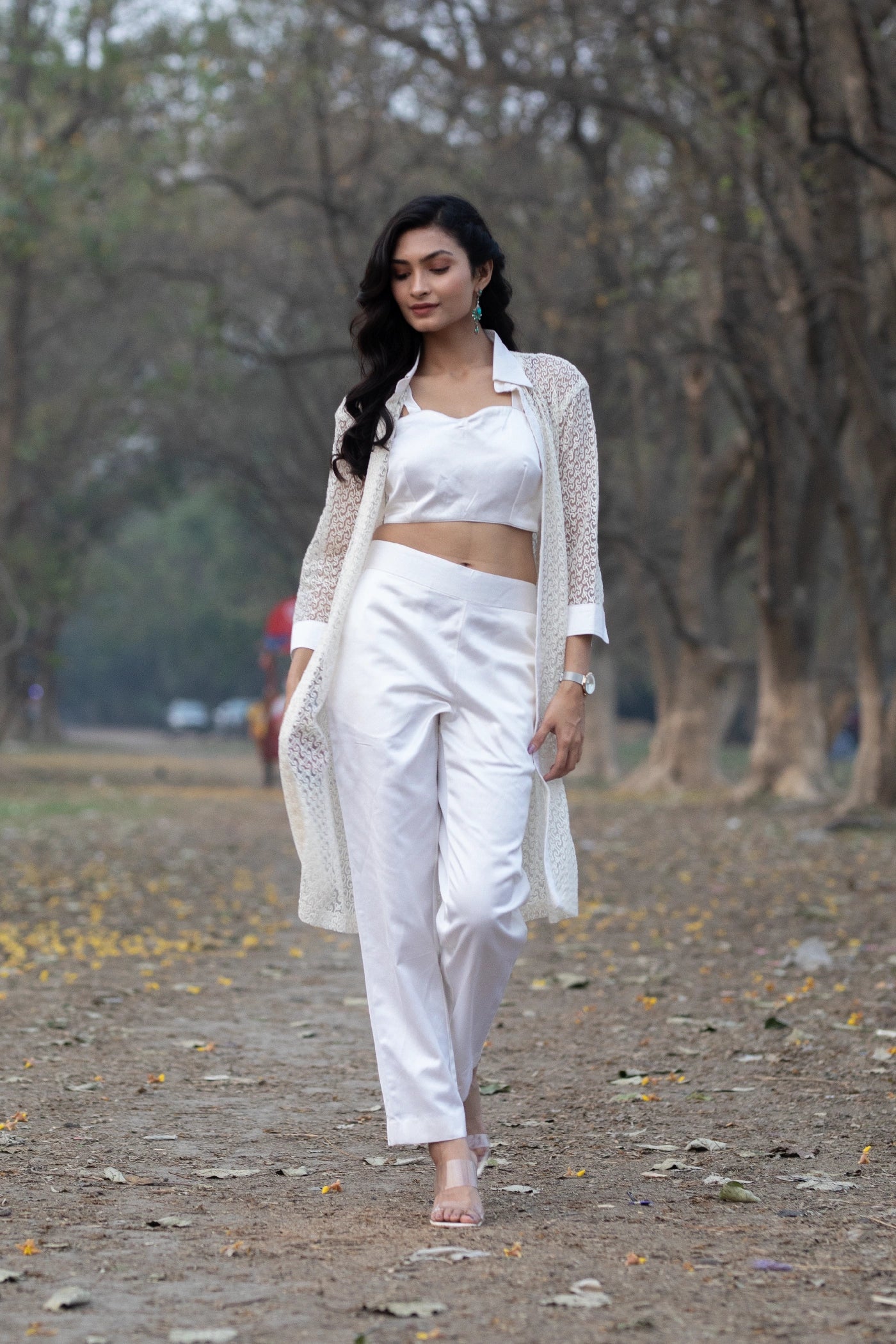 White Aari Work Jacket  Set with Mushroom Satin Pant & Bustier