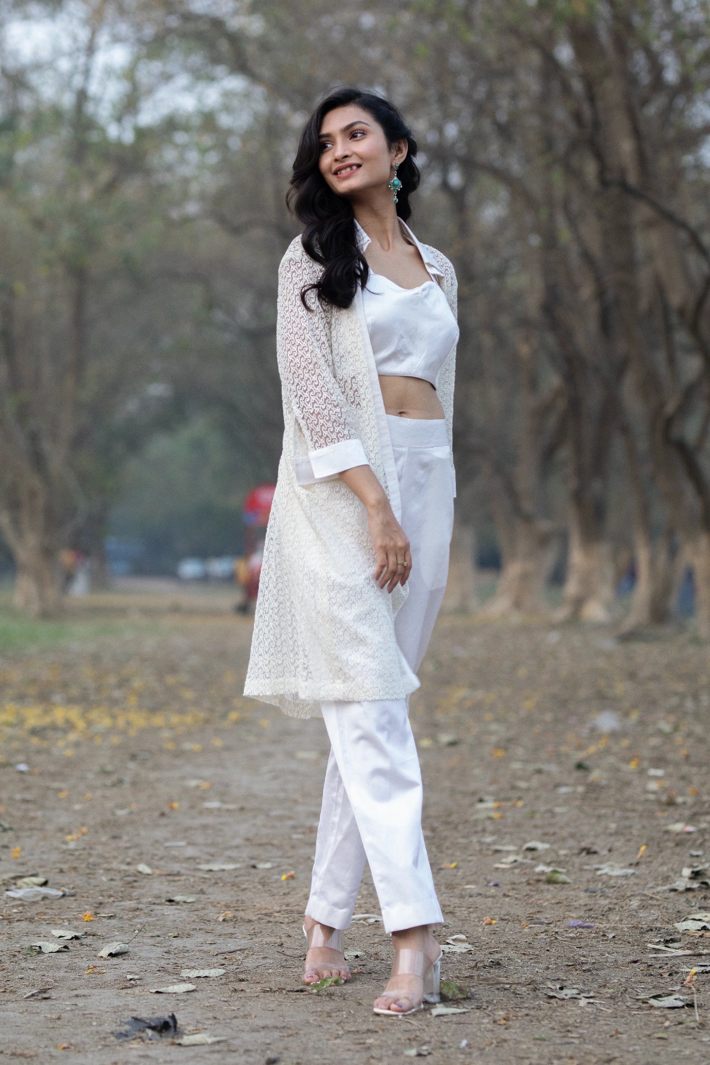 White Aari Work Jacket  Set with Mushroom Satin Pant & Bustier