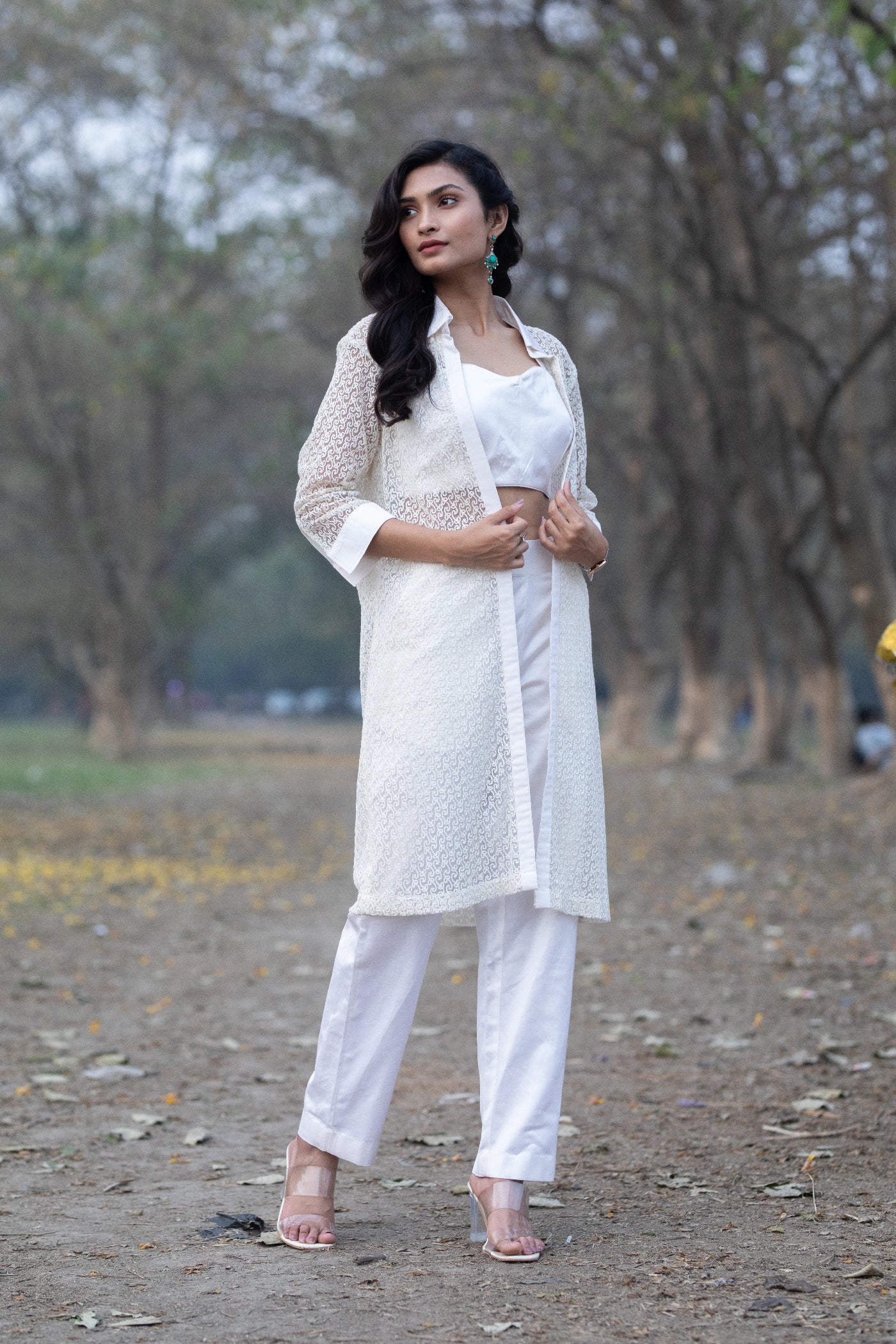 White Aari Work Jacket  Set with Mushroom Satin Pant & Bustier