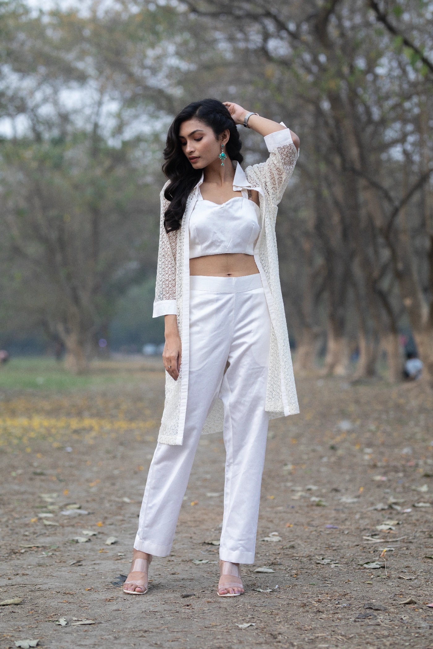White Aari Work Jacket  Set with Mushroom Satin Pant & Bustier