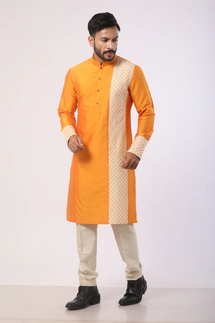 Orange stitch work Kurta with Pant set for men