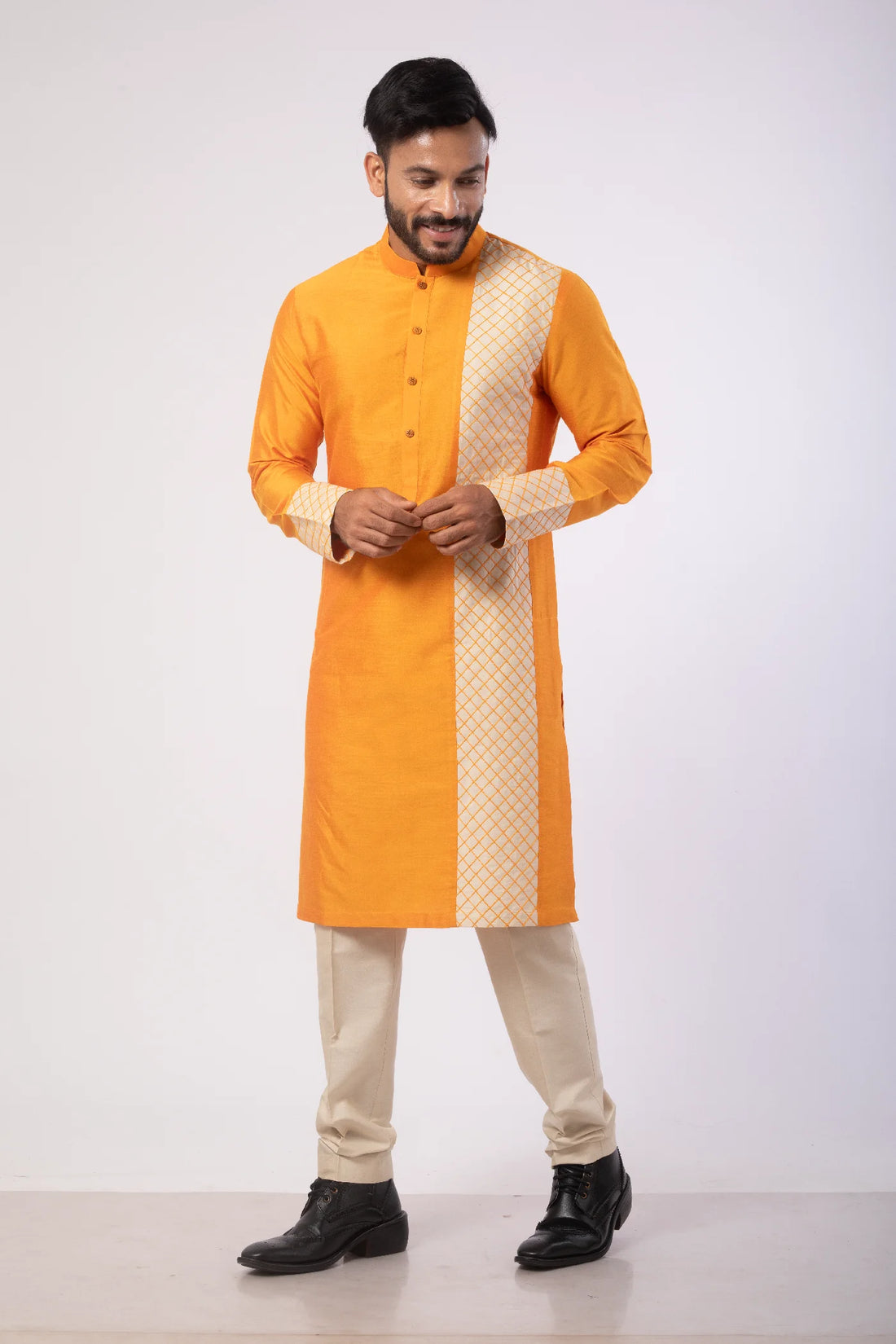 Orange stitch work Kurta with Pant set for men