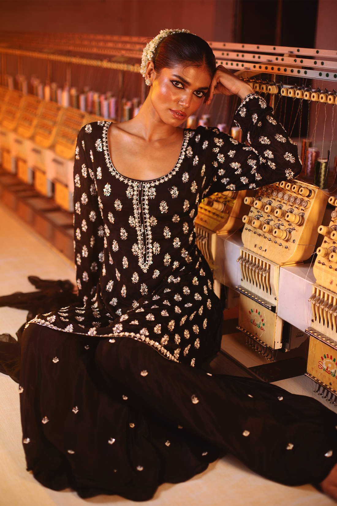 BLACK KURTI WITH SHARARA AND DUPATTA