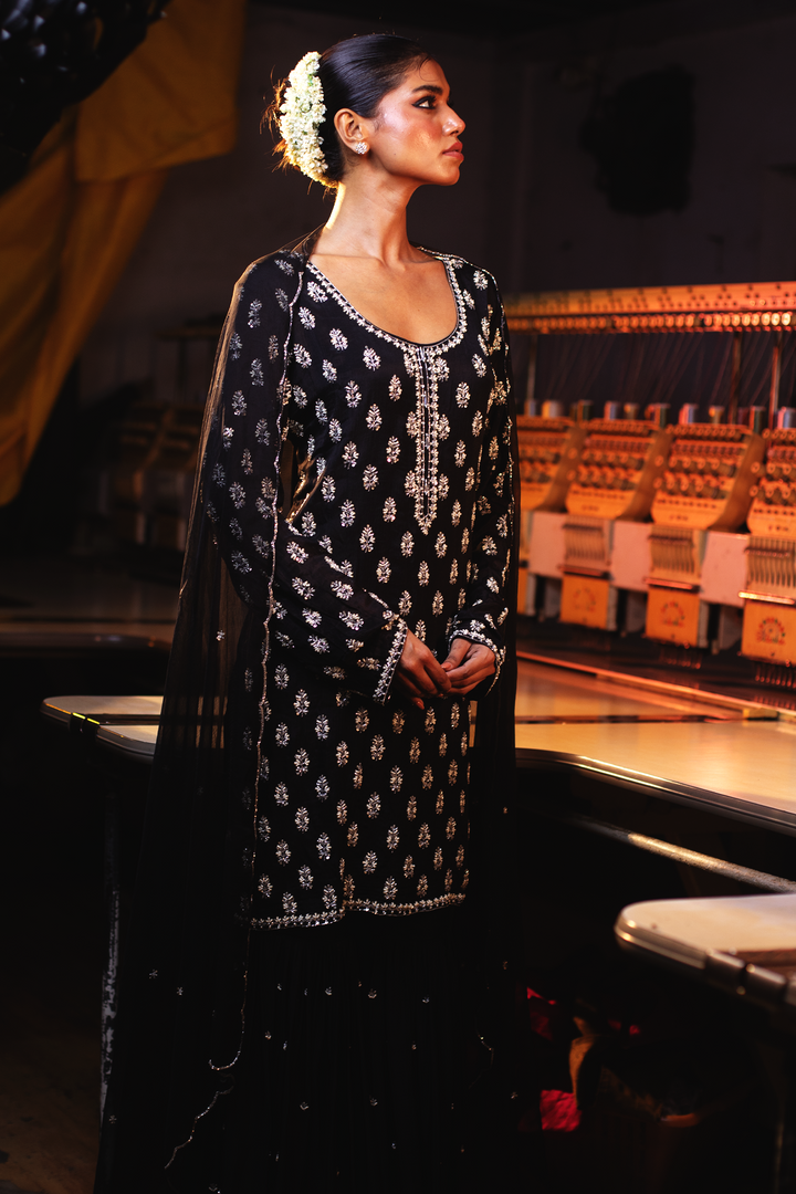 BLACK KURTI WITH SHARARA AND DUPATTA