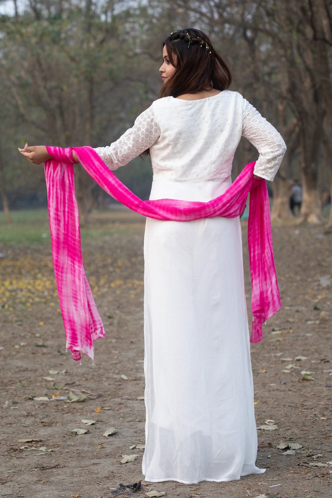 White Tie-Dye Embroidered Gown Set with Chinnon Dupatta