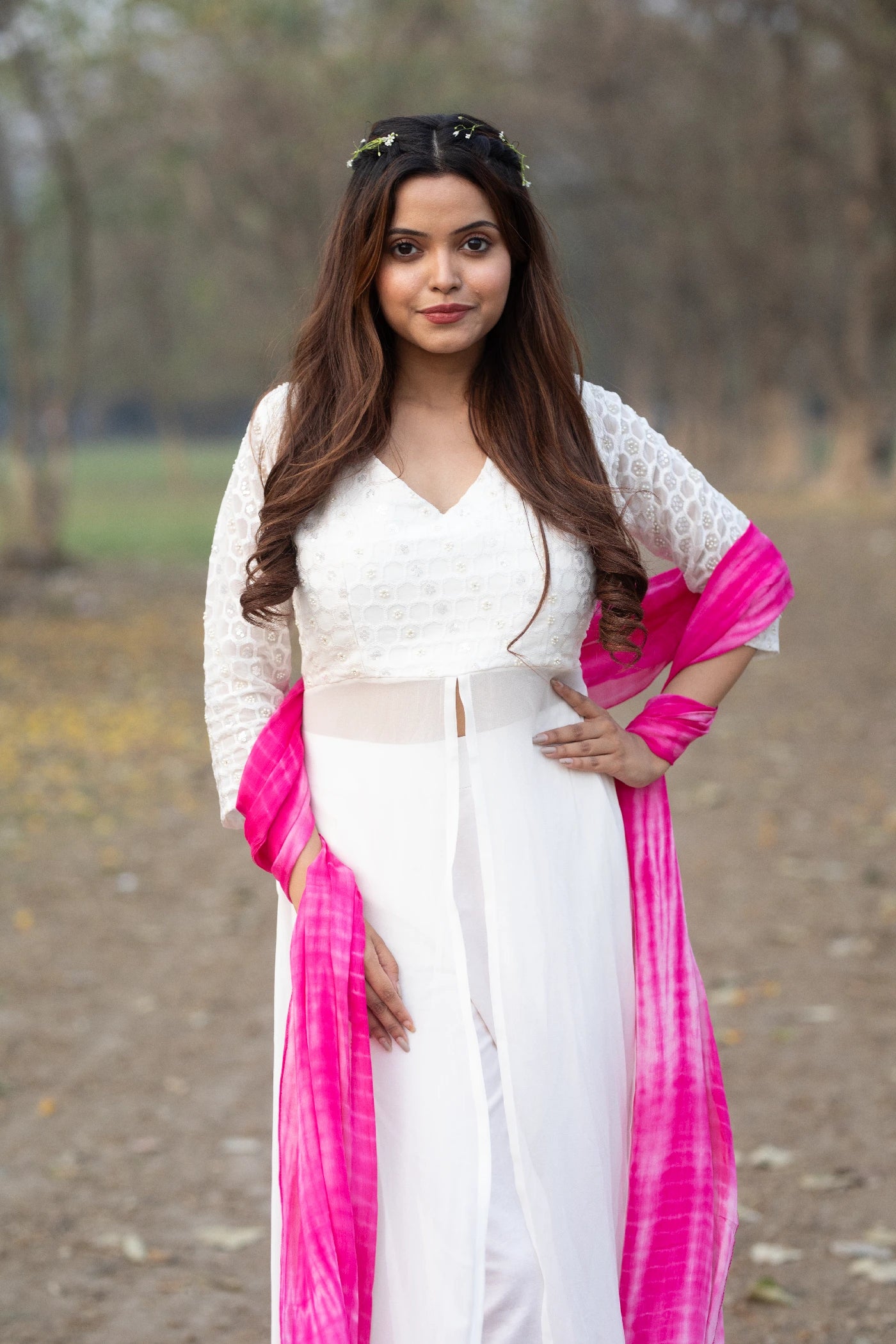 White Tie-Dye Embroidered Gown Set with Chinnon Dupatta