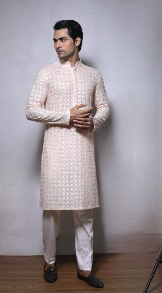 Light Peach Embroidered Viscose Kurta Set with Straight Fit Lycra Pants