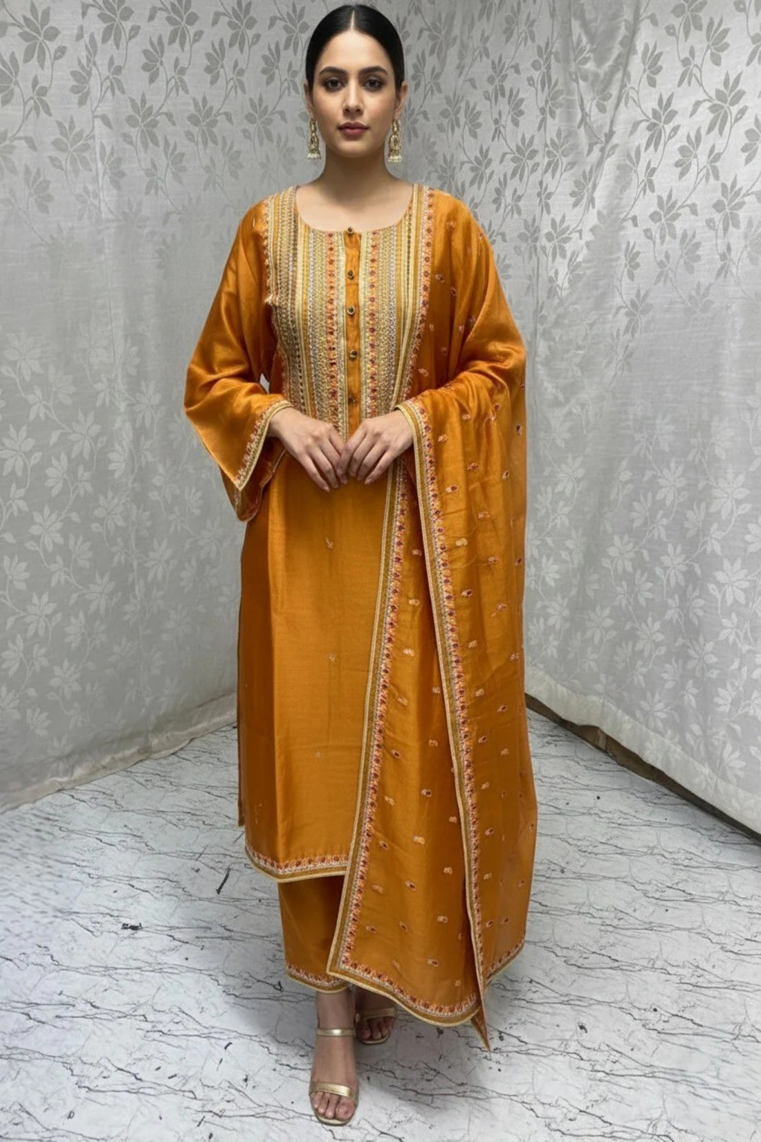 Orange Chanderi Semi-Stitched Kurta Set with hand Work