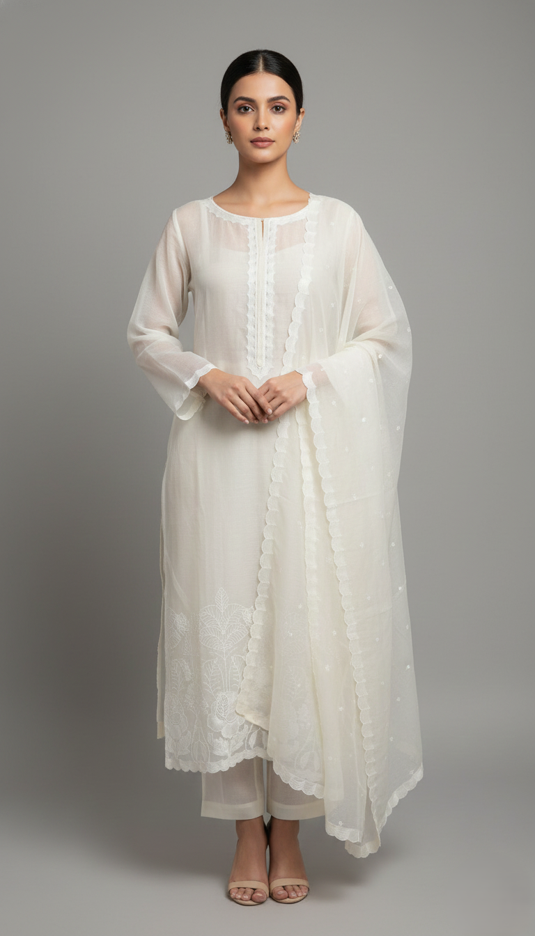 White Chanderi Semi-Stitched Kurta Set with Embroidery