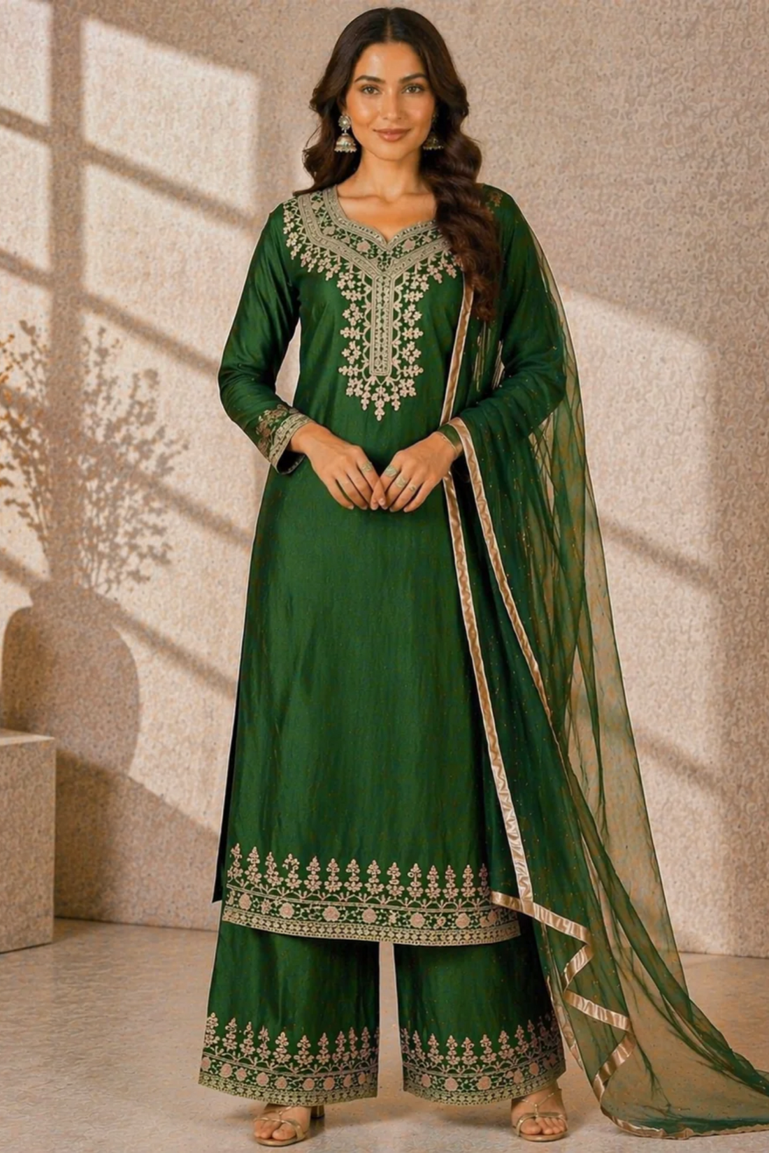 Olive Green Katan Silk Kurti Set with Palazzo & Net Dupatta