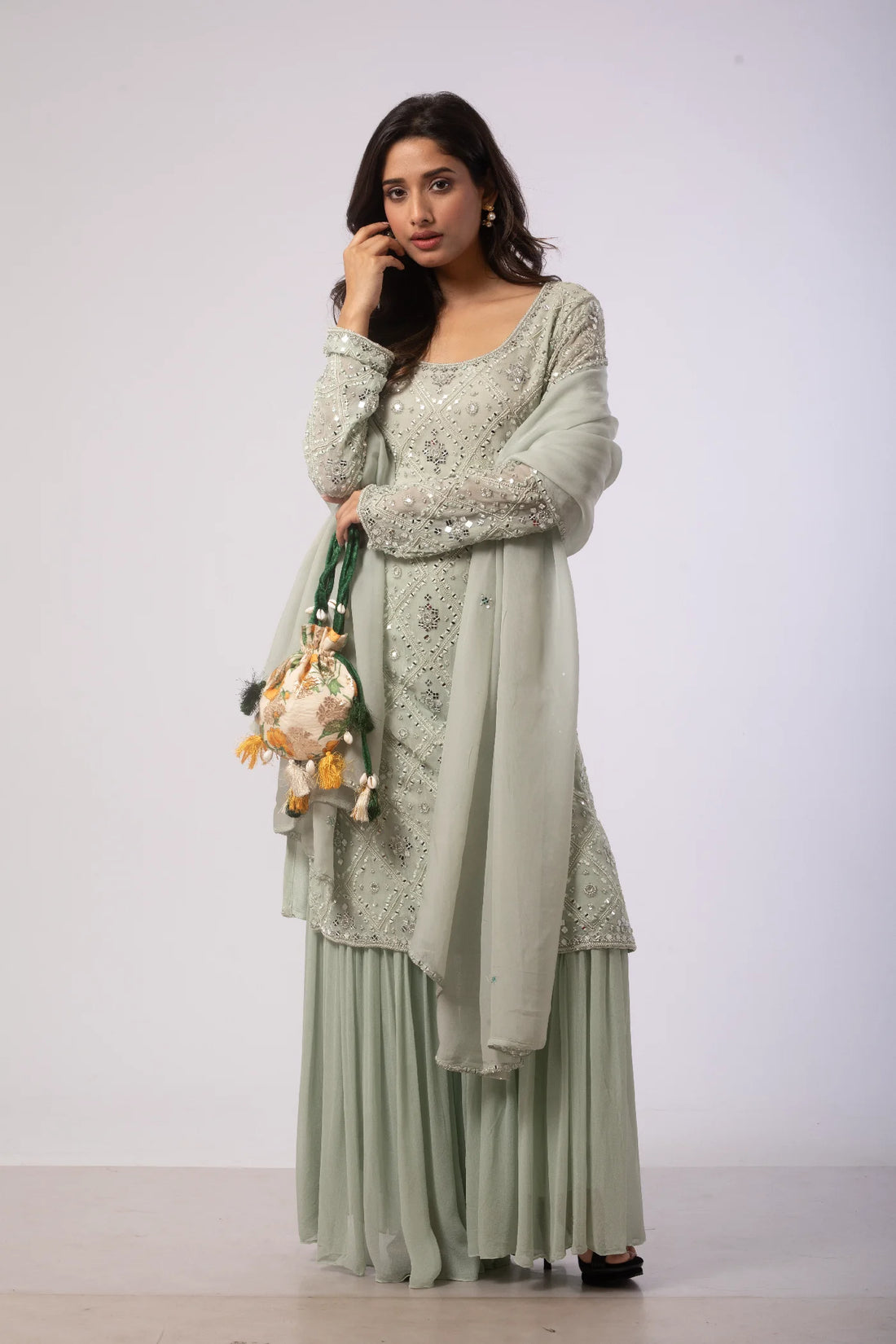 Mint Chiffon Kurta with Sharara and Dupatta