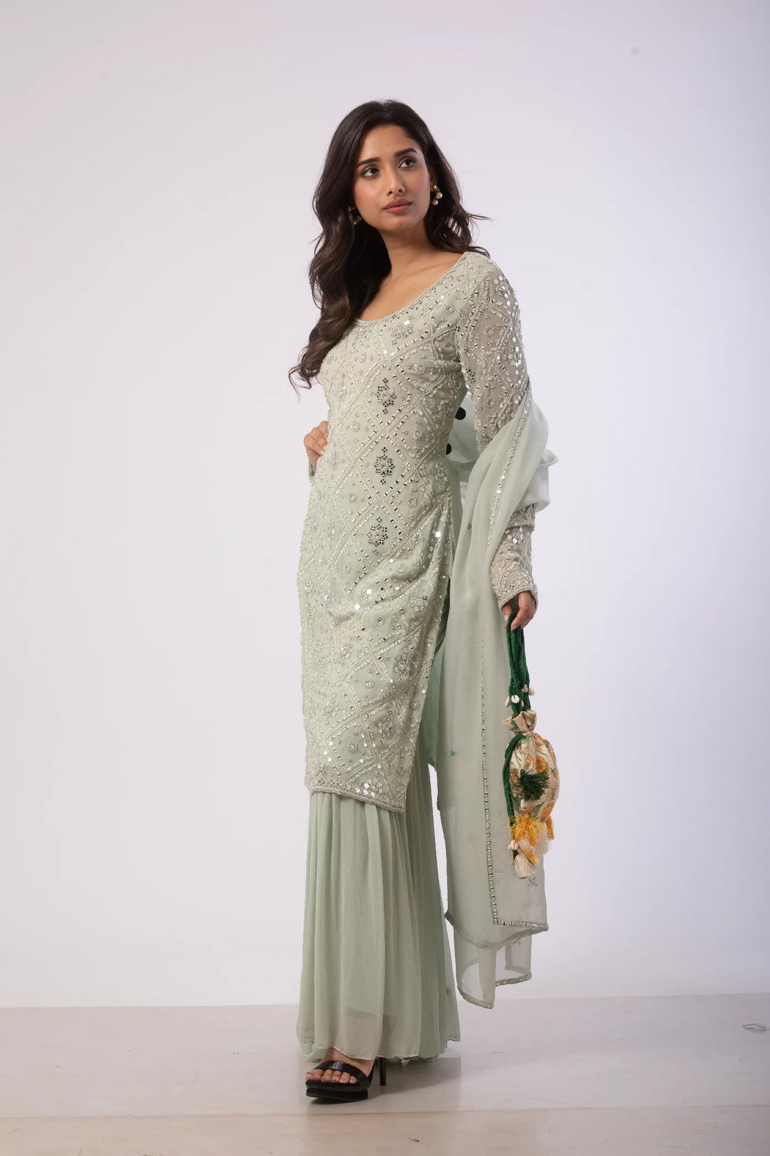 Sage Green Kurti with Sharara and Dupatta