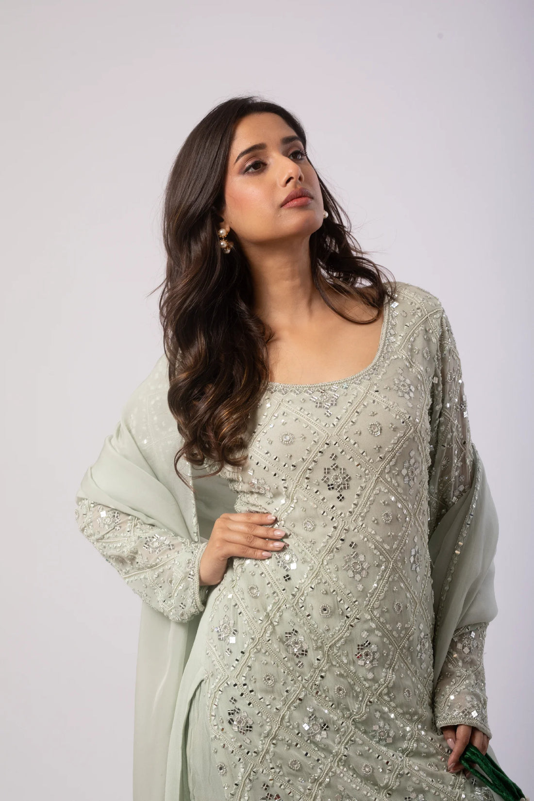 Mint Chiffon Kurta with Sharara and Dupatta