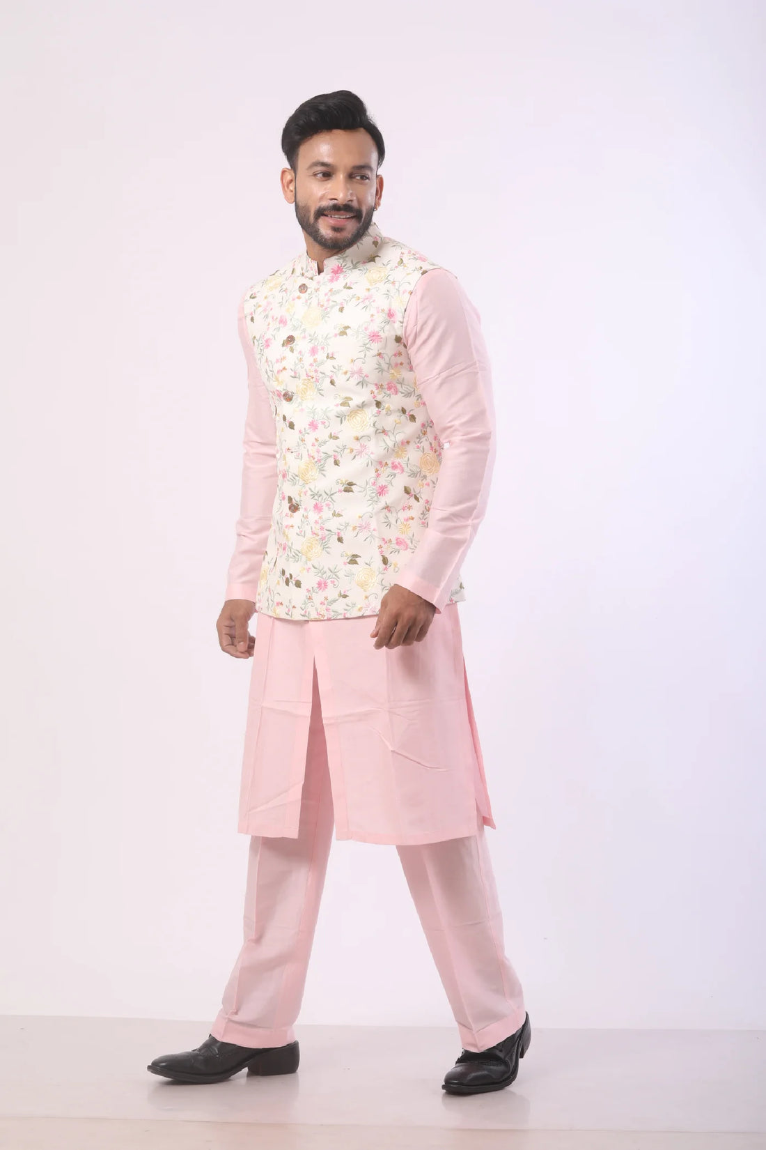 White Floral Embroidered Nehru with Pink Kurta Set