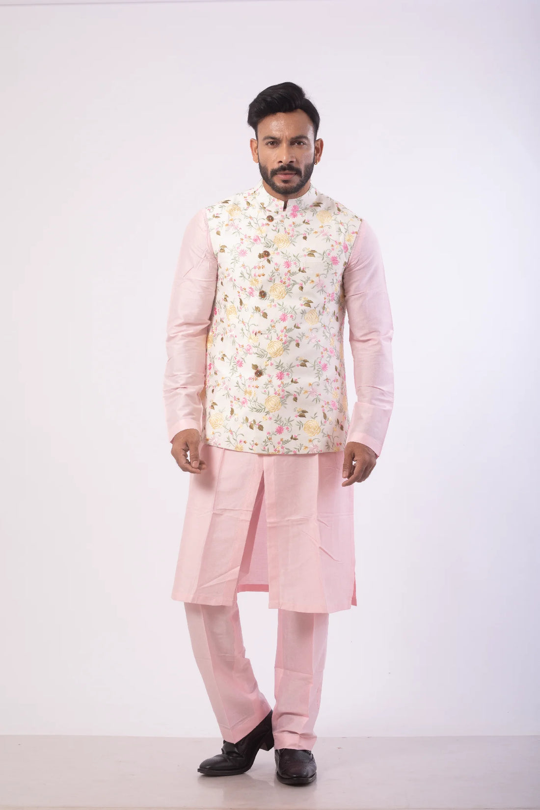 White Floral Embroidered Nehru with Pink Kurta Set