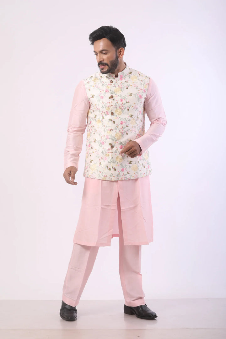 White Floral Embroidered Nehru with Pink Kurta Set