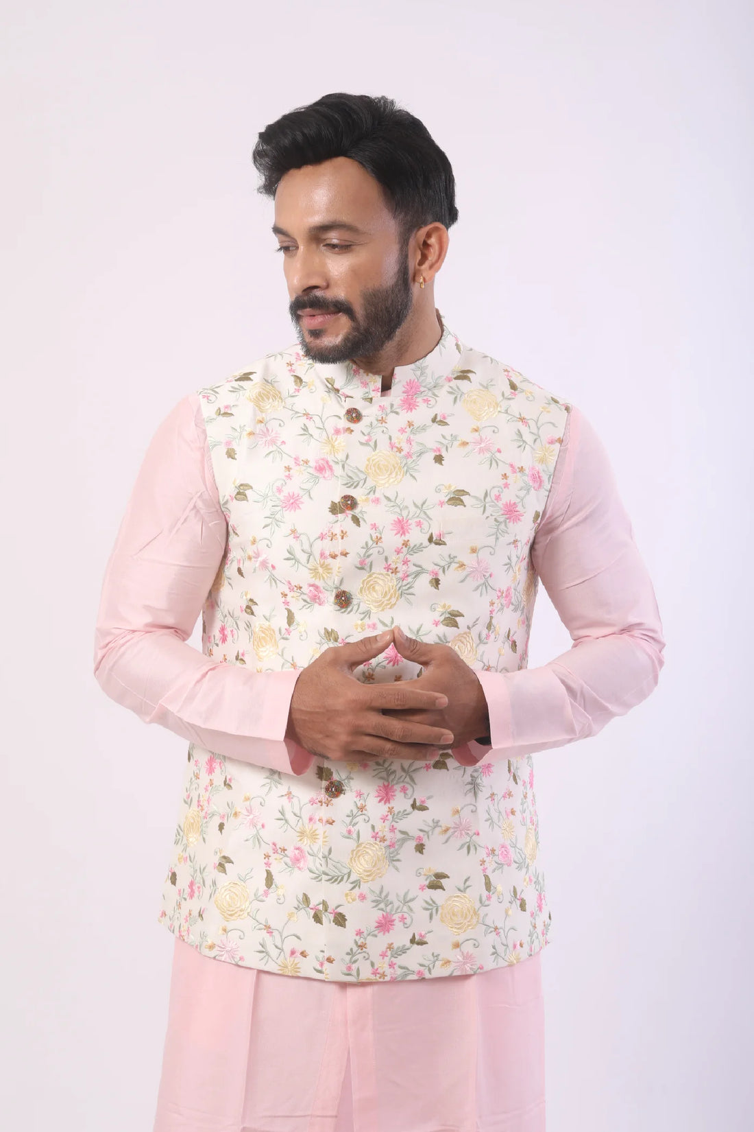 White Floral Embroidered Nehru with Pink Kurta Set